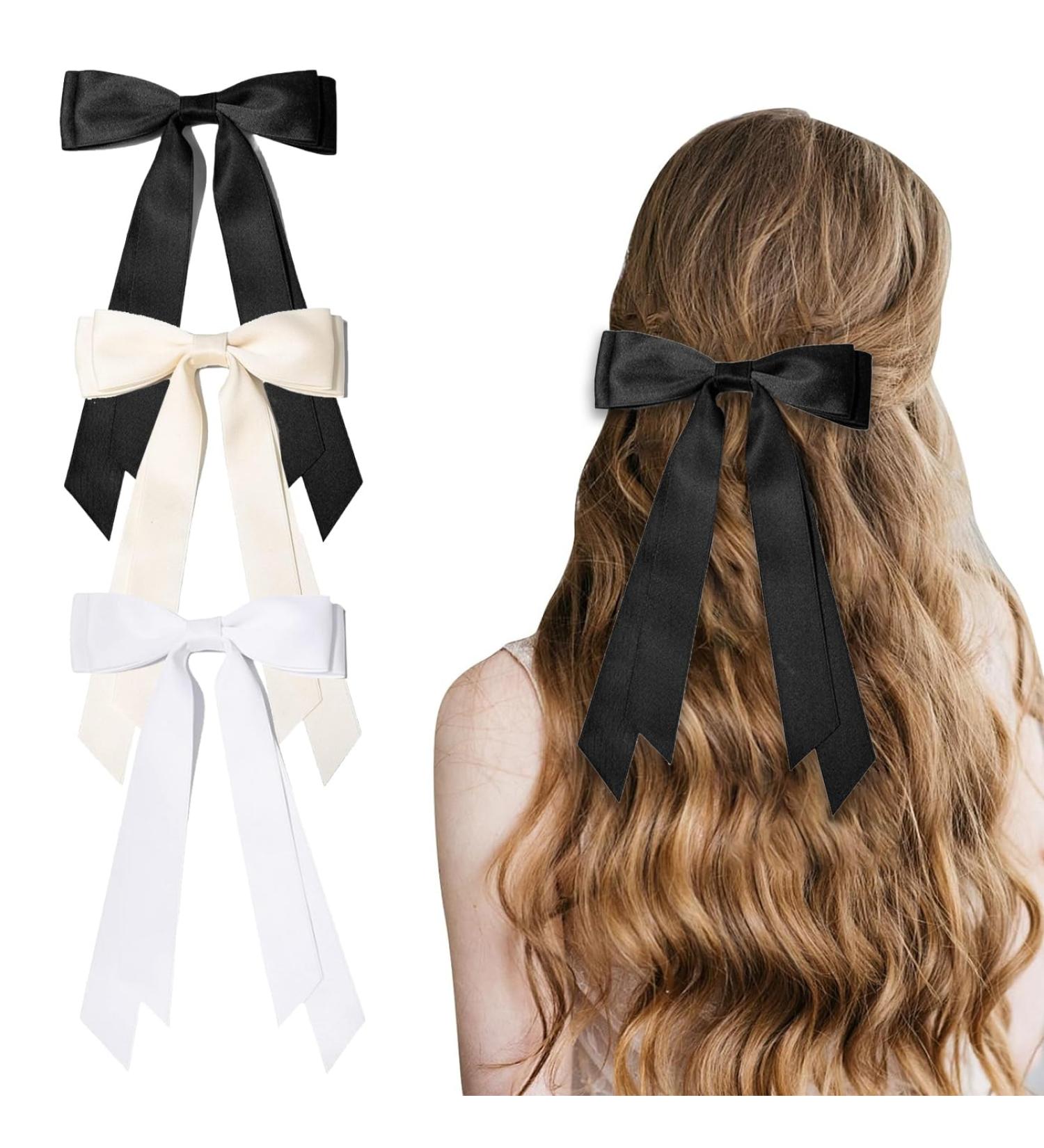 MUNSKT 3PCS Hair Bows Clip Black White Hair Bow with Long Silky Satin French Hair Bows for Women - Buy Online on GoSupps.com
