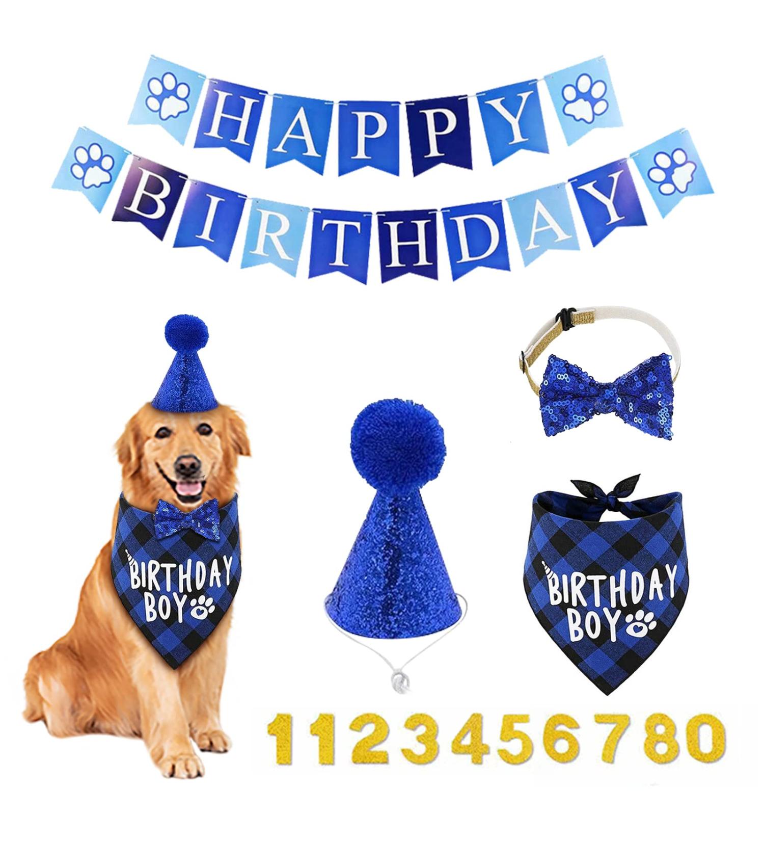 AOT Dog Birthday Party Supplies Plaid Cute Doggy Bandana Set with Happy Birthday Banner Cap Bowtie Birthday Number Puppy Birthday Outfits for Small Medium Dogs Pets Medium BLUE - Buy Online on GoSupps.com