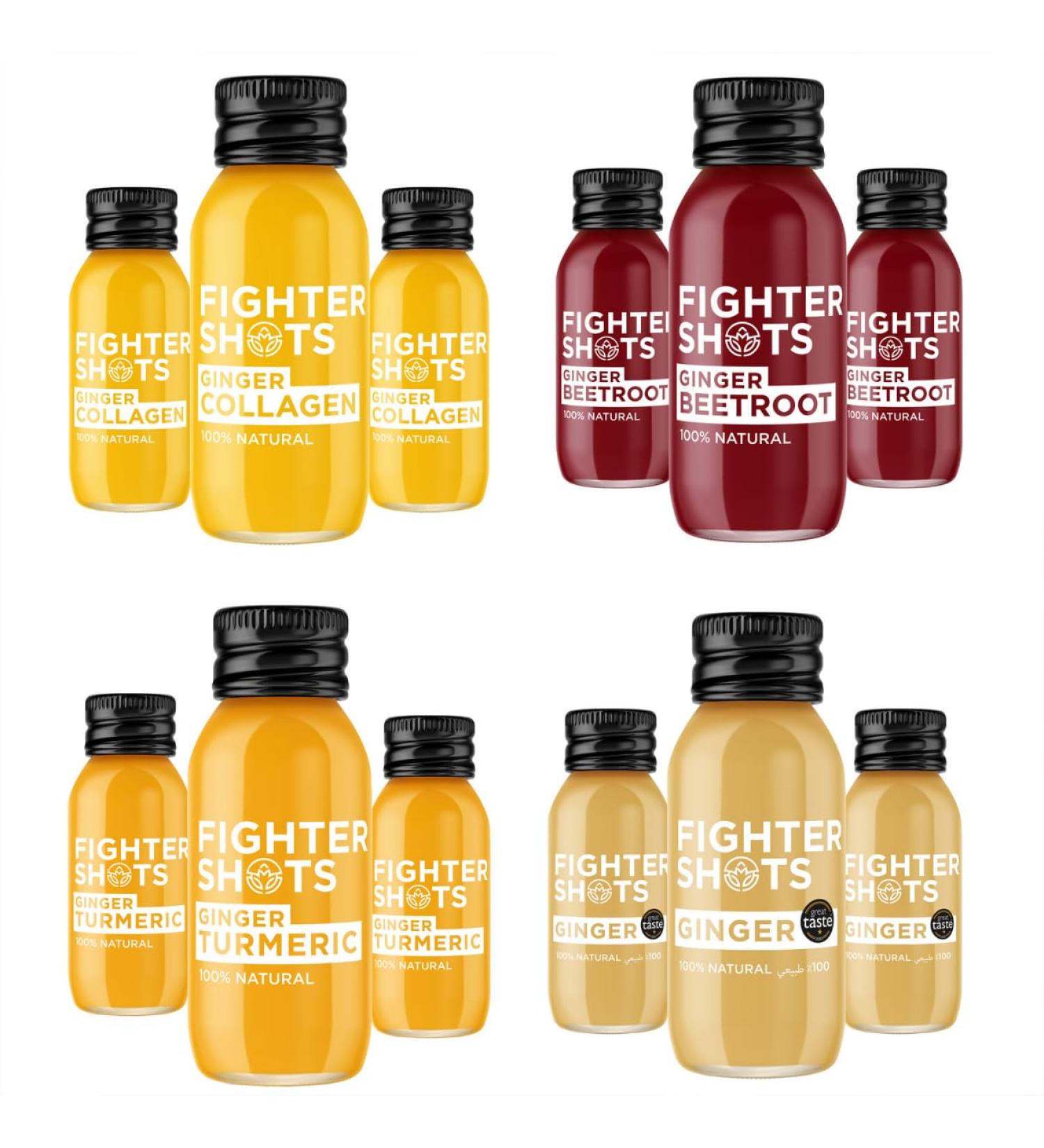 Fighter Shots Mixed Pack (12x60ml)| Ginger Ginger Turmeric Ginger Collagen & Ginger Beetroot | 100% Natural | Perfect Morning/Post Workout Pick Me Up | No Preservatives | Fresh & Fiery Ginger Shots Immunity Mixed Pack - Buy Online on GoSupps.com