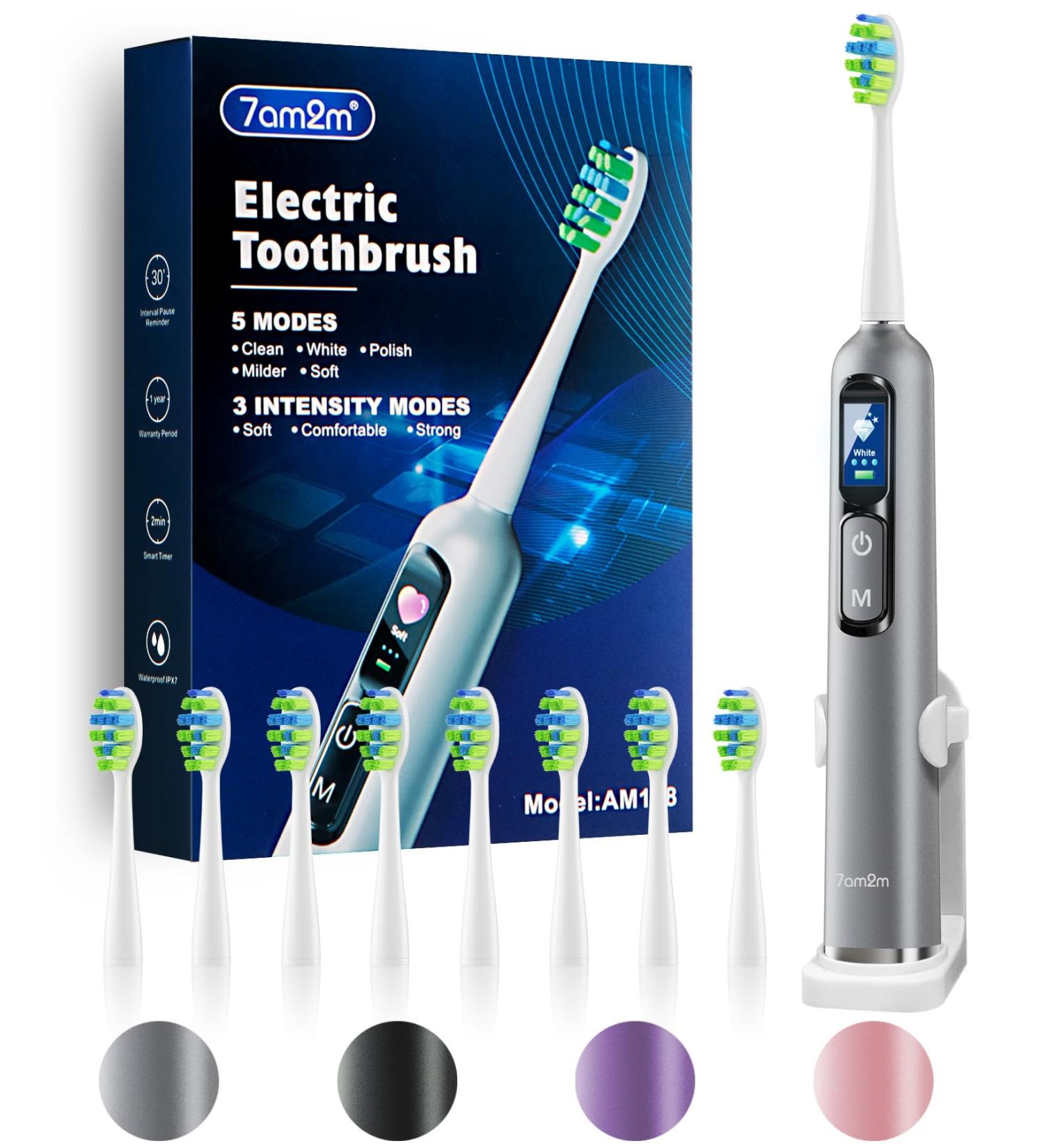 7AM2M Electric Toothbrush for Adults & Teens - LED Screen 5 Modes 90-Day Battery Fast Charge 8 Brush Heads - Gray - Buy Online on GoSupps.com