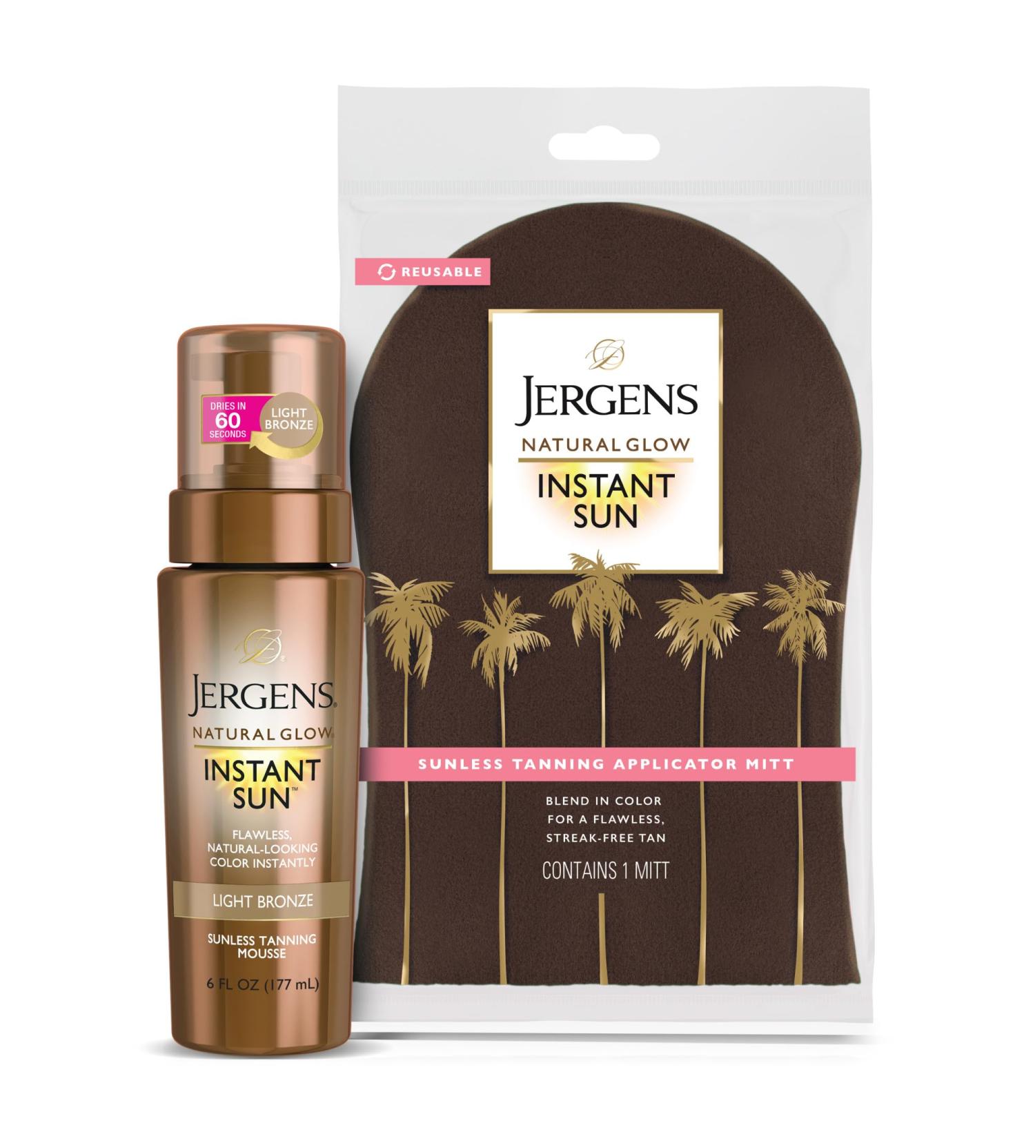Jergens Natural Glow Instant Sun Self Tanner Mousse Bundle Light Bronze Sunless Tanning 6 Oz Bottle and Application Mitt - Buy Online on GoSupps.com