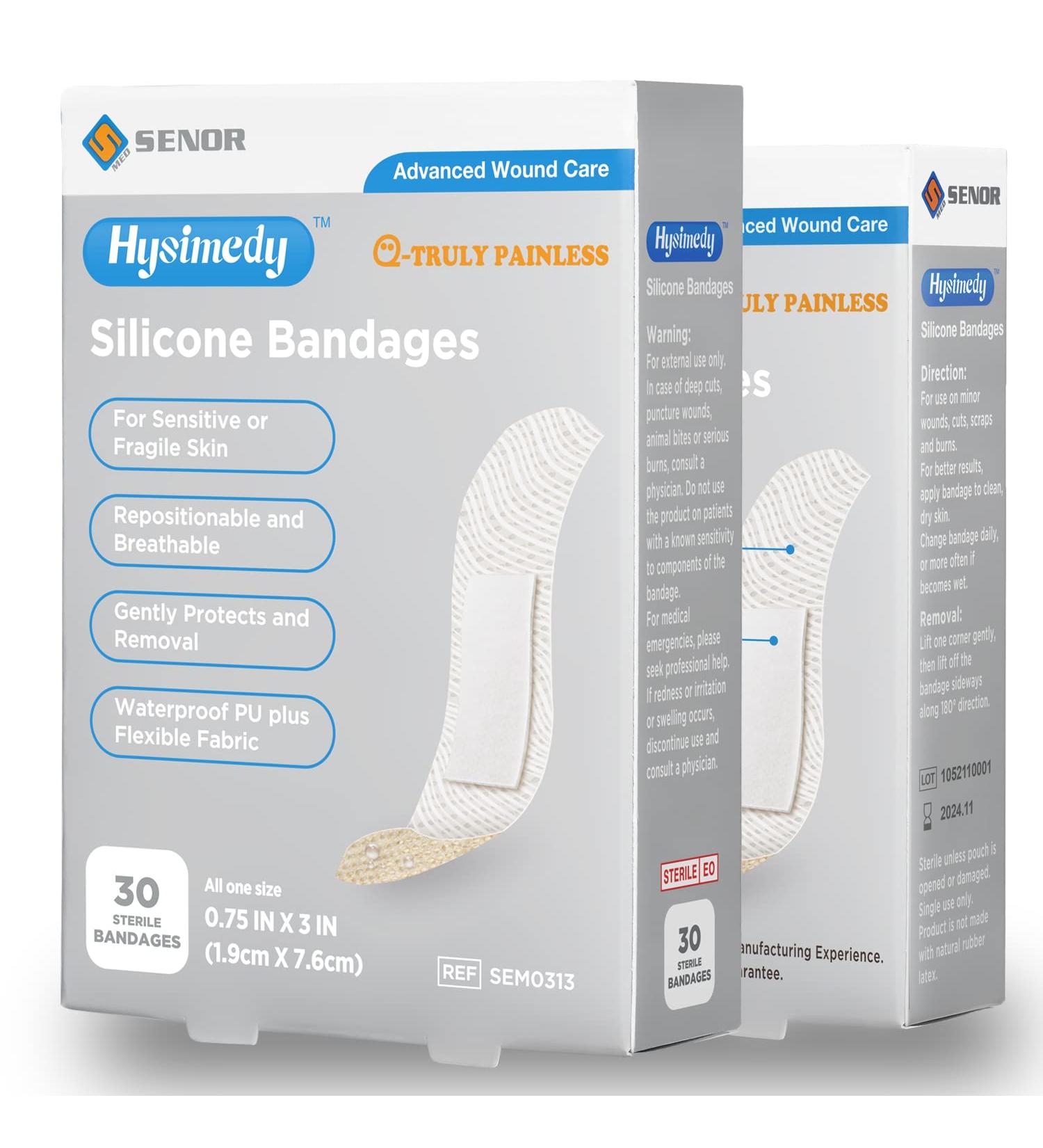 Hysimedy Silicone Bandages for Sensitive Skin - Pain-Free Bandaids for Kids and Elderly - Hypoallergenic Flexible Fabric - 0.75''x3'' (60 Counts) - Buy Online on GoSupps.com