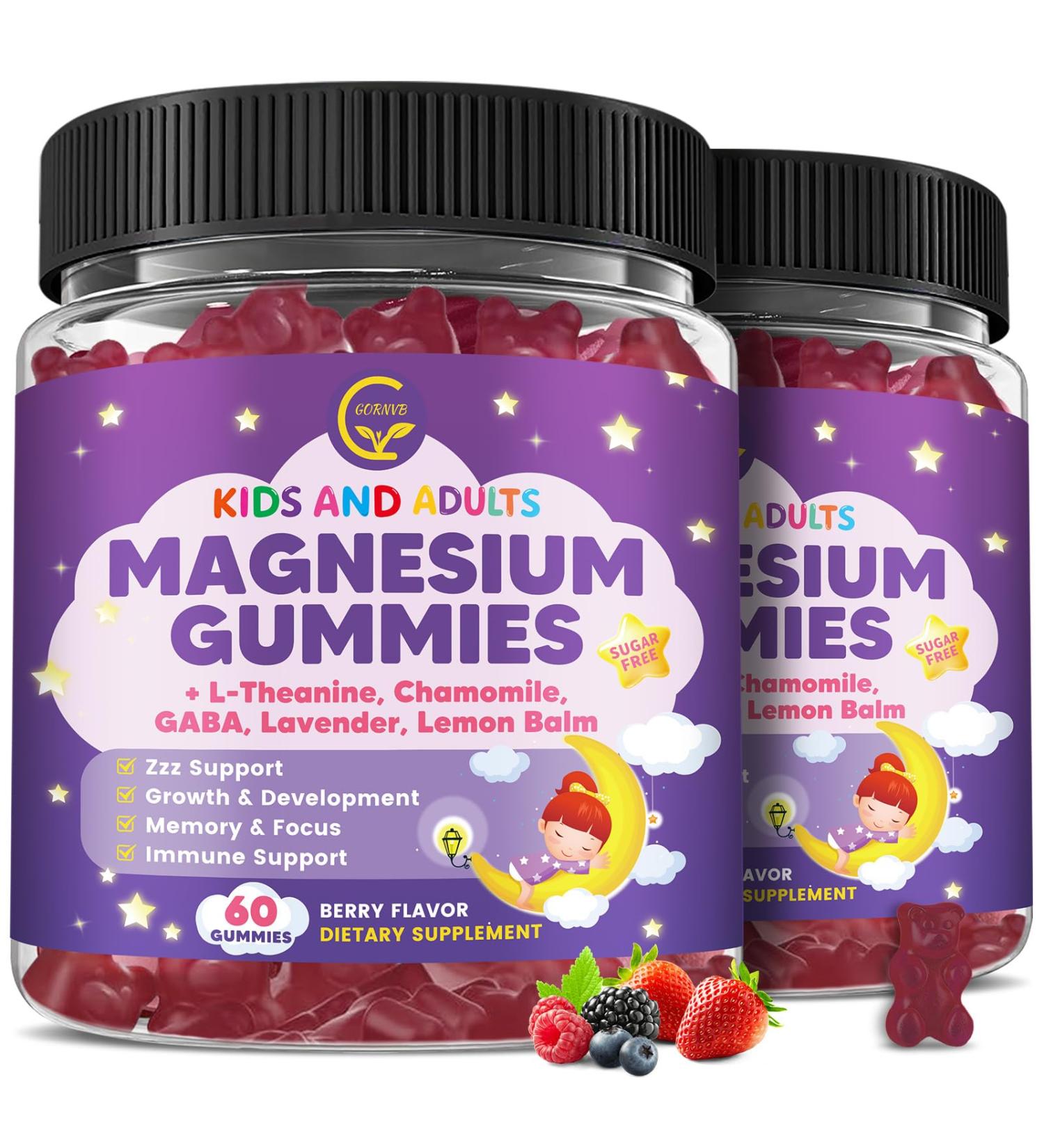 (2 Pack) Magnesium Glycinate Gummies for Kids & Adults, Sugar Free Magnesium Glycinate 400/200mg Supplement with Chamomile, Lavender, L-Theanine & GABA, B6, D3 & K2 for Relax, Brain, Immune Support - Buy Online on GoSupps.com