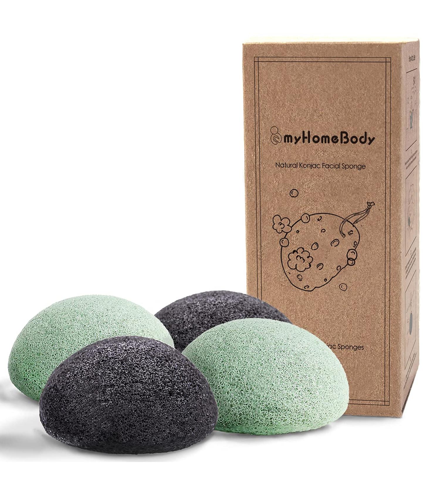 myHomeBody Natural Konjac Facial Sponges 4pc Set - Activated Charcoal, Aloe Vera - Sage Green, Graphite Gray - Buy Online on GoSupps.com