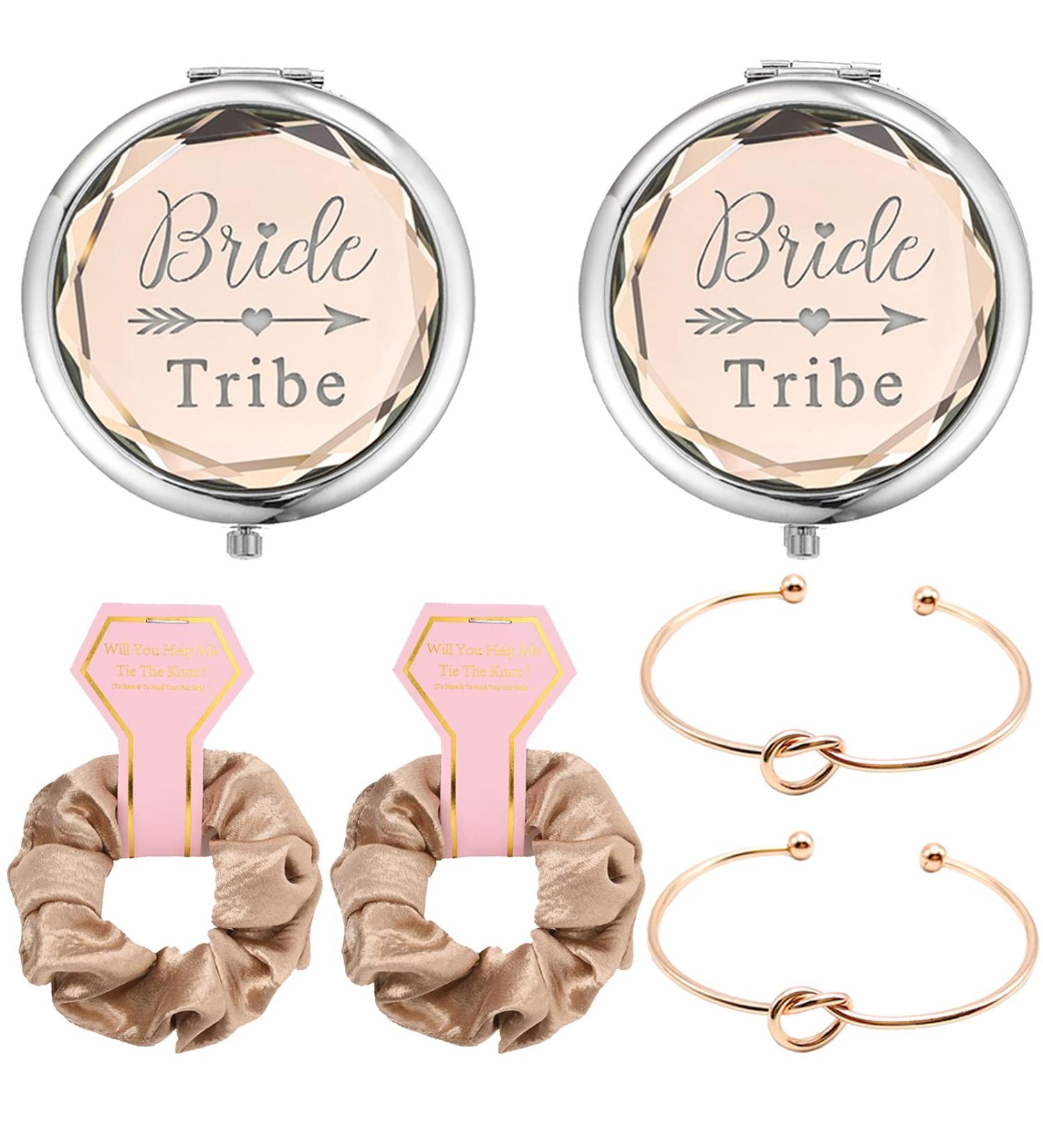 Bride Tribe Gifts Set - 6-Piece Champagne Makeup Mirror, Hair Tie, Knot Bracelet Set for Wedding, Bachelorette Party, Bridal Shower - Bridesmaid Gift - Buy Online on GoSupps.com