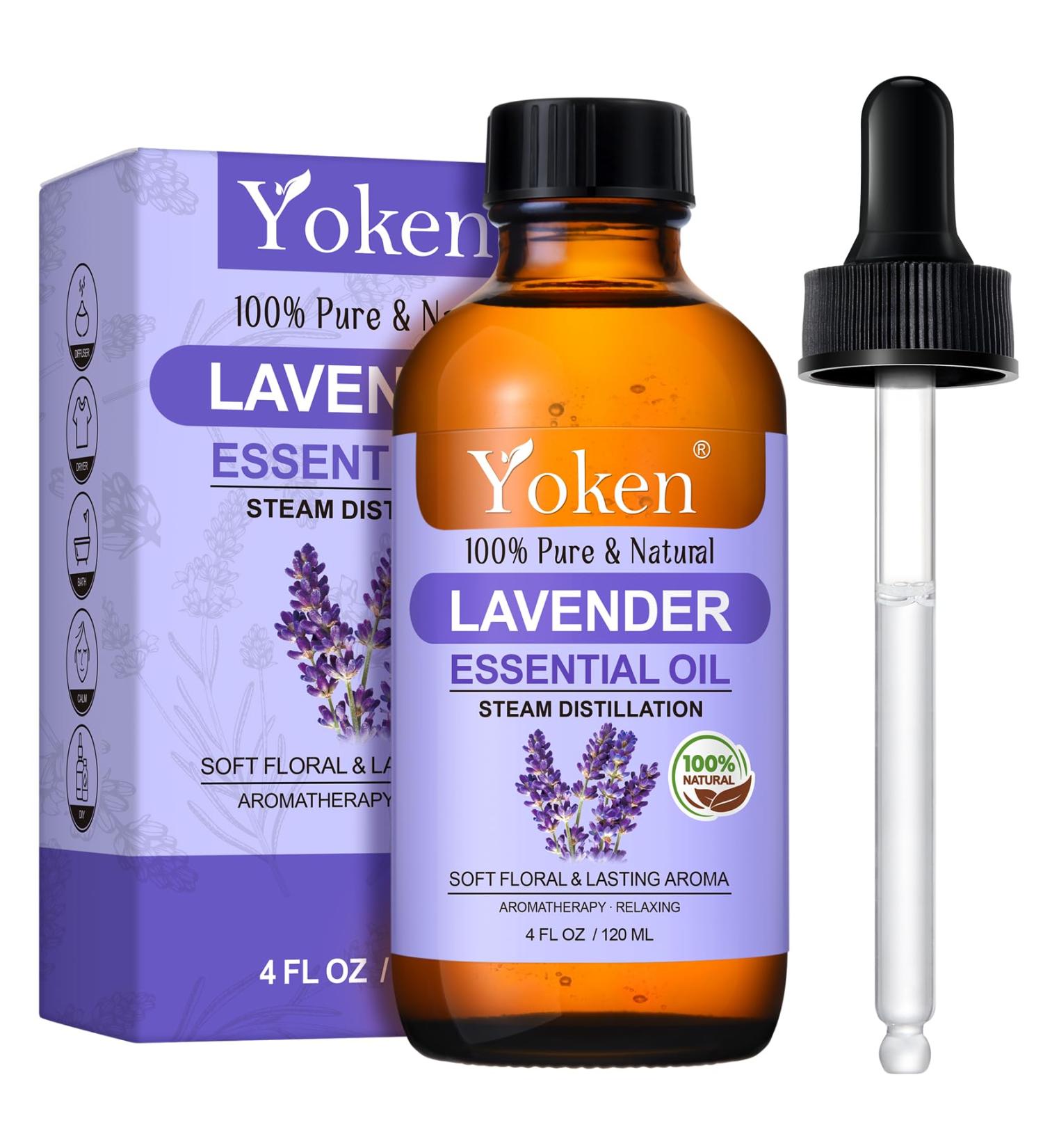 Yoken Lavender Essential Oil 4 Fl Oz 100% Pure and Natural Premium Grade Lavender Oils with Glass Dropper for Diffusers Aromatherapy Candle & Soap Making Massage - Buy Online on GoSupps.com