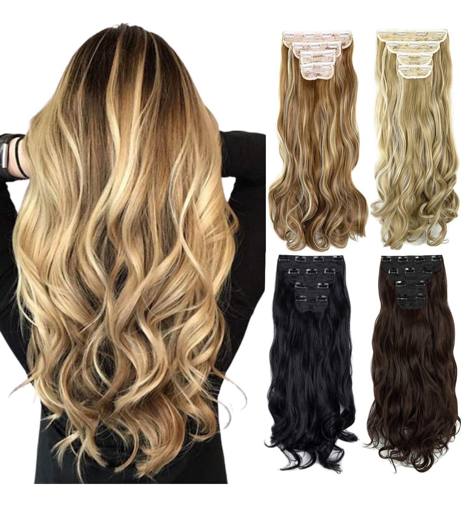 Dodoing Clip-In Hair Extensions - 4 Pieces 11 Clips Curled & Thick Ash Blonde Mix - 61 cm Double Brawl for Women | Shop Now! - Buy Online on GoSupps.com