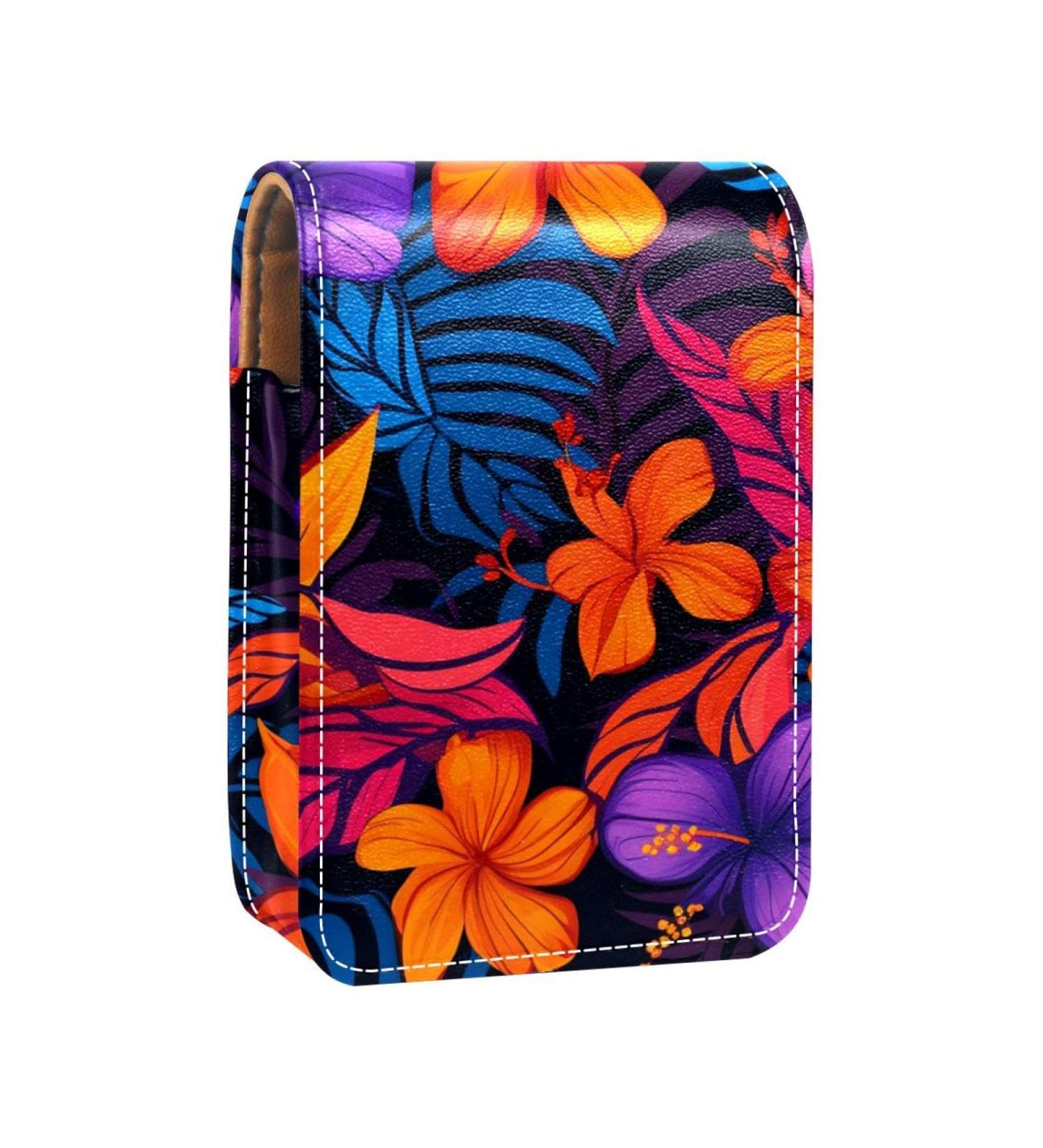 Buy Blue Leaves Leather Lipstick Case - Mini Organizer with Mirror | Tropical Flowers Design - Buy Online on GoSupps.com