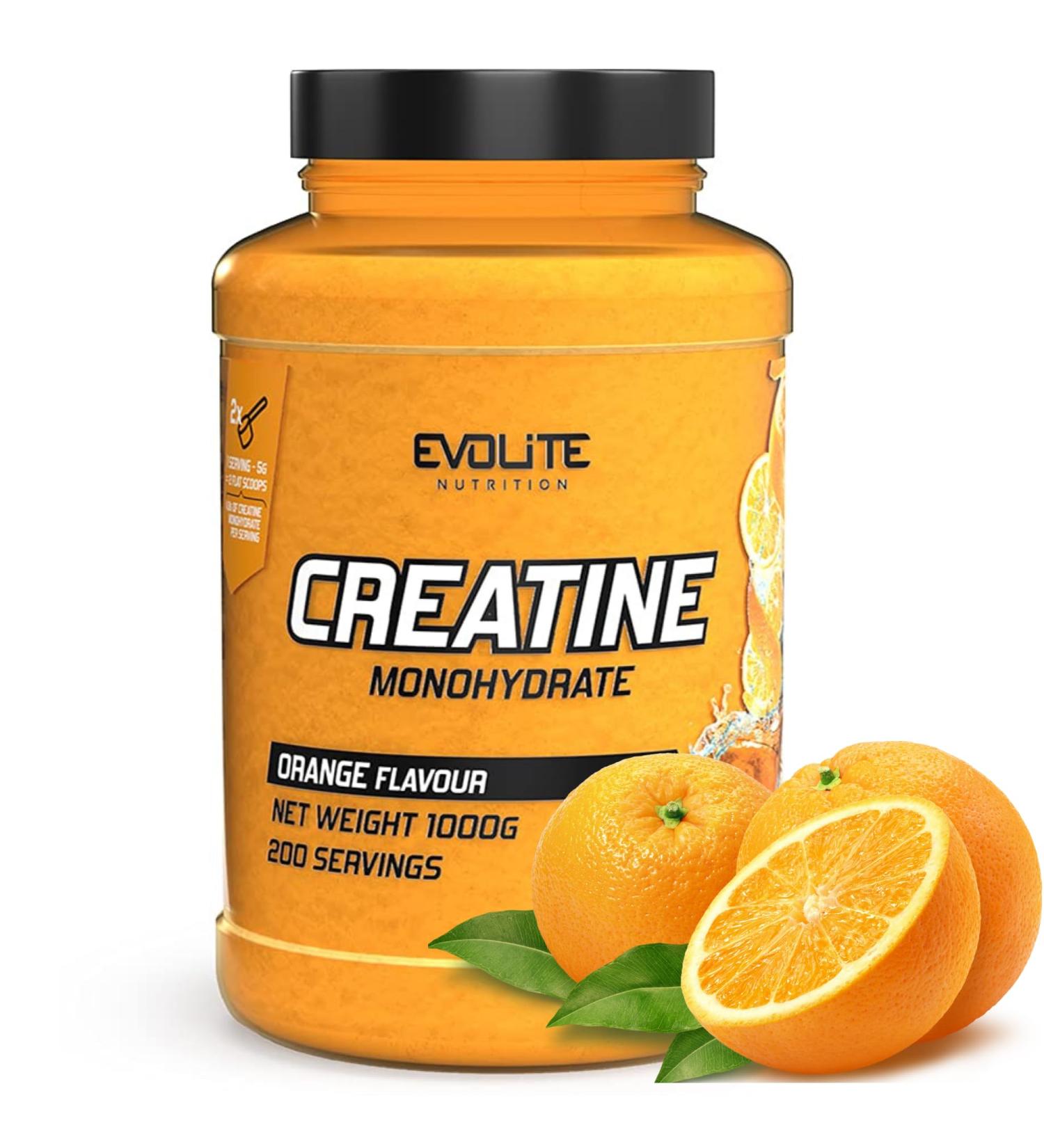Evolite Nutrition Creatine Monohydrate 1000g - Orange Flavor Calorie-Free Powder for Enhanced Performance & Pre Workout Boost - Buy Online on GoSupps.com