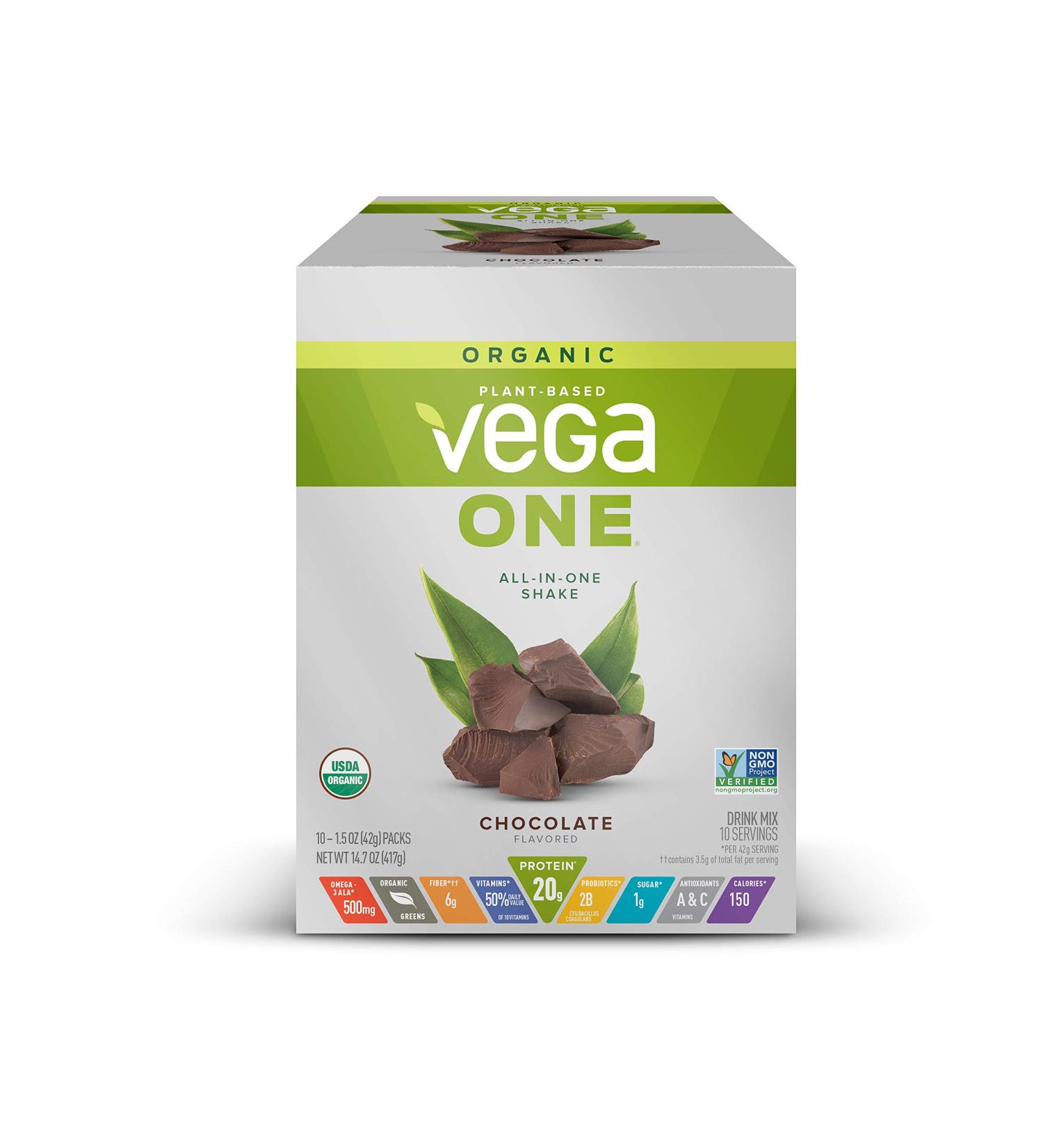 Vega Organic All-in-One Vegan Protein Powder Chocolate - 10 Sachets, Superfood Ingredients, Immunity Support, Keto Friendly, Pea Protein for Women & Men - 14.7oz - Buy Online on GoSupps.com