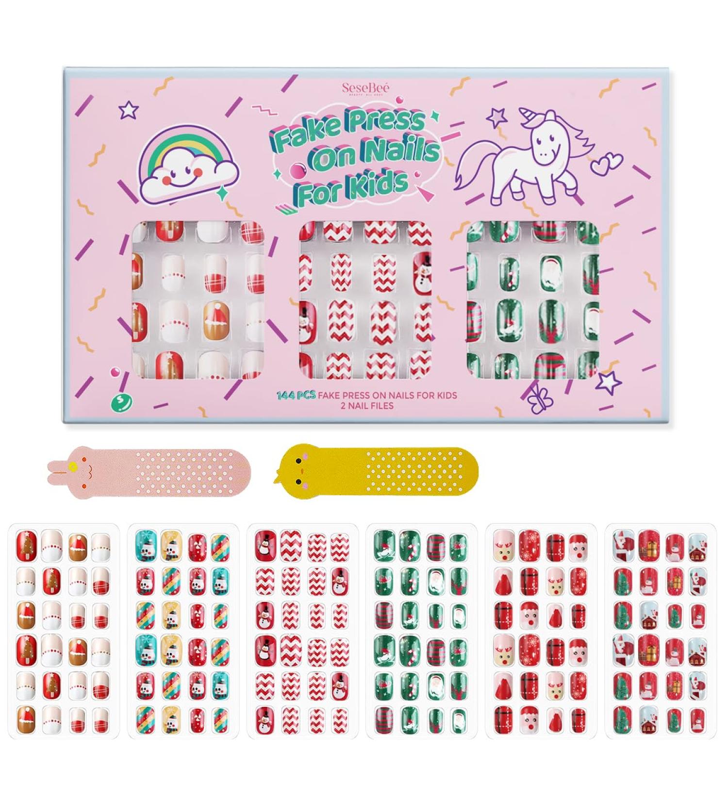144Pcs Kids Christmas Style Press on Nails | Quick Stick on Fake Nails for Girls | Full Cover Acrylic Nail Kit | Children's Nail Decoration Set - Buy Online on GoSupps.com