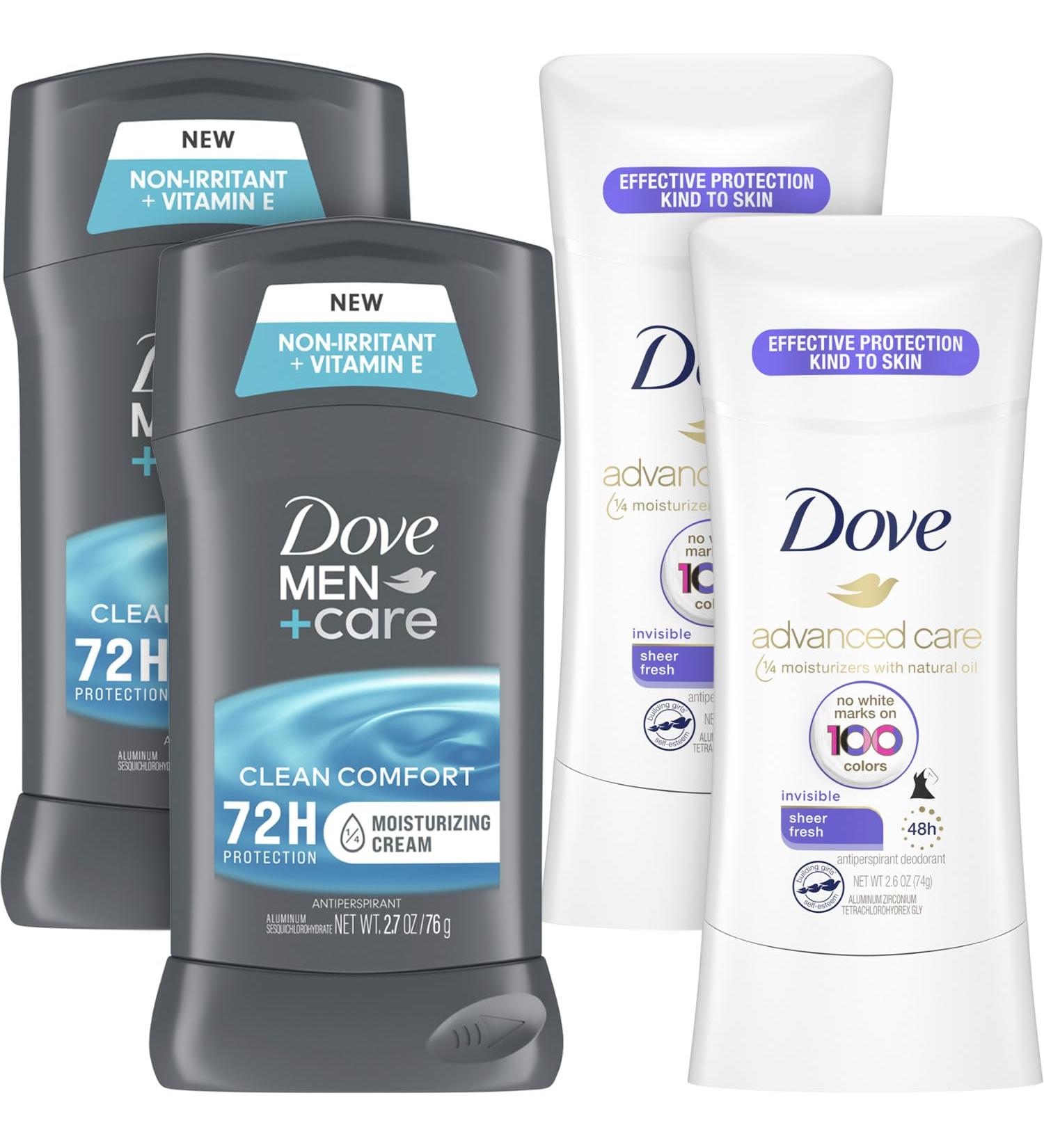 Shop Dove Deodorant Men+Care & Advanced Care for Women - Antiperspirant Set (4 Pieces) | Moisturizing & Scented - International Shipping Available - Buy Online on GoSupps.com