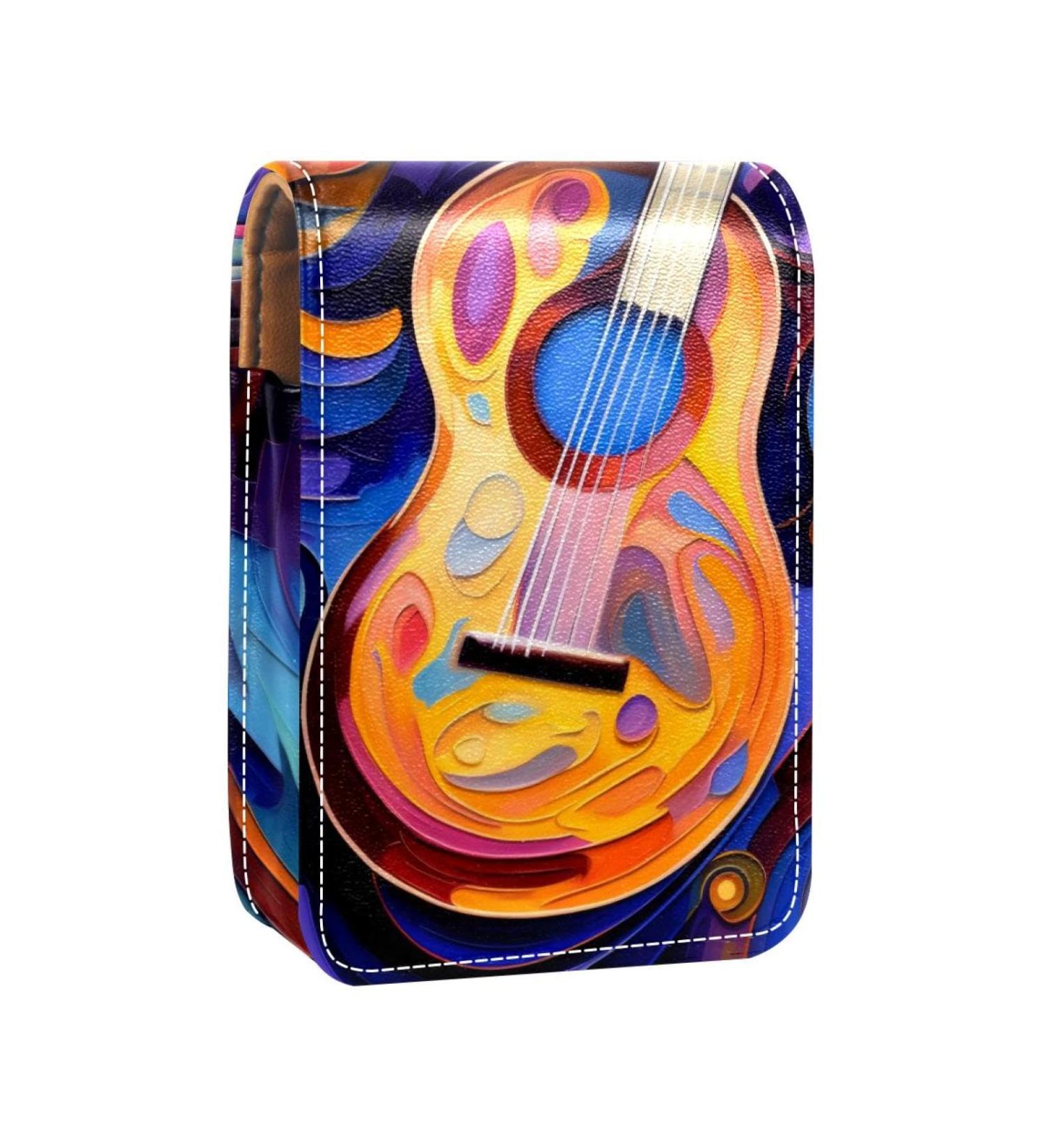 Leather Lipstick Case Organizer with Mirror | Mini Lip Gloss Holder Bag - Abstract Art Music Notes Guitar Design - Buy Online on GoSupps.com