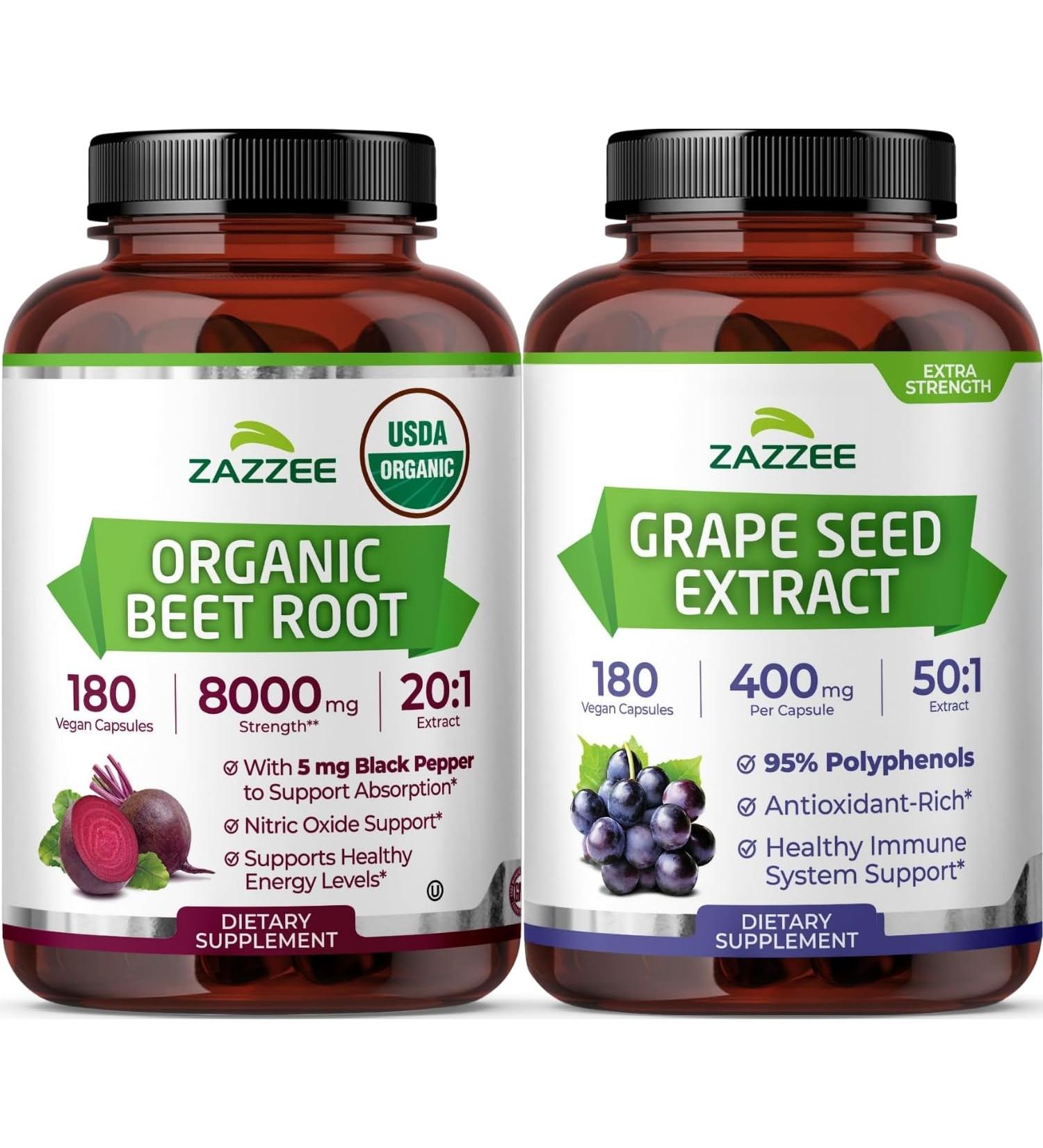 Zazzee Herbal B Pressure Support Bundle | 50:1 Grape Seed Extract Capsules Plus 20:1 Organic Beet Root Capsules | Non-GMO Vegan & ISO Lab Tested (180 Servings Each) - Buy Online on GoSupps.com