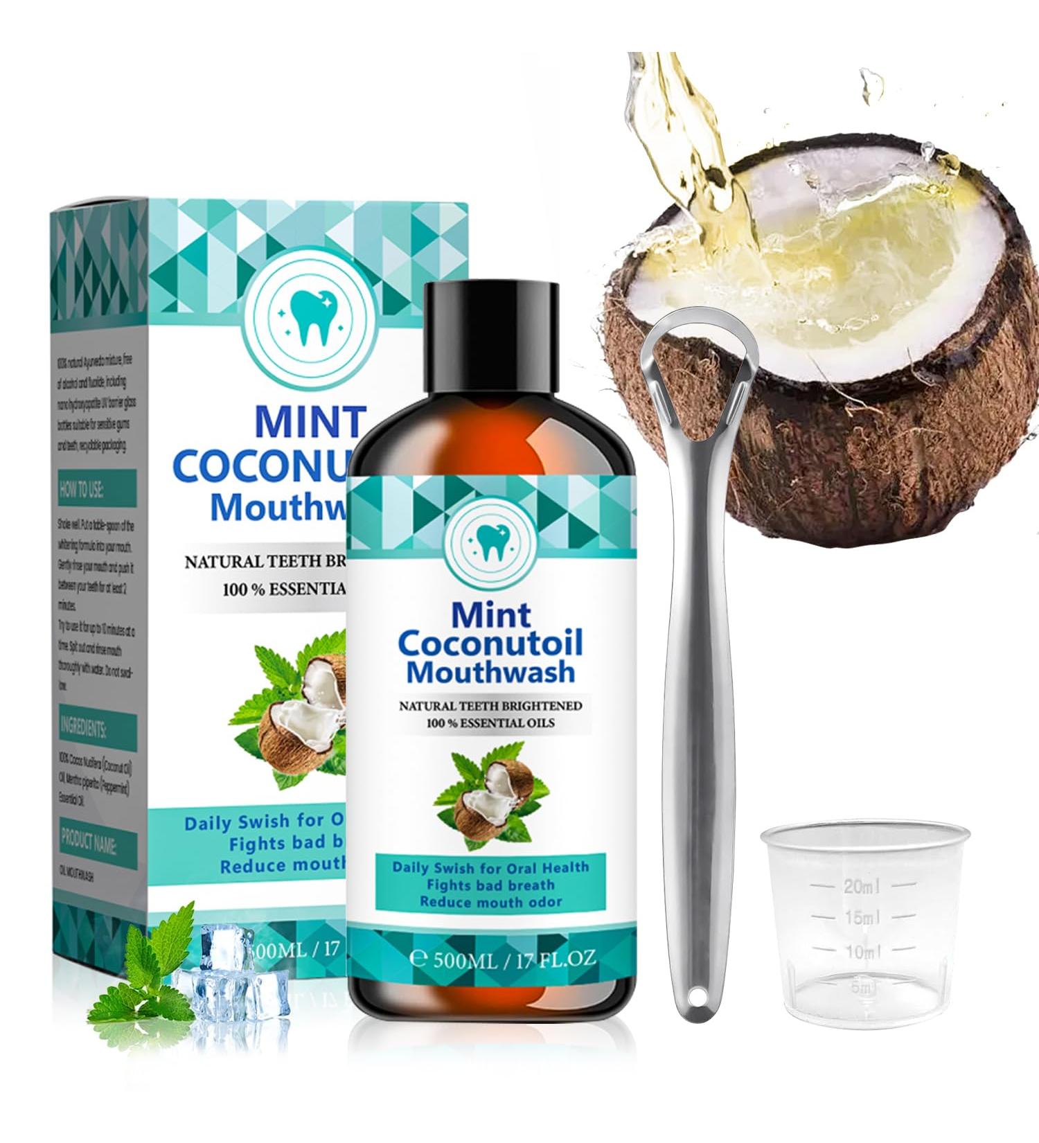 500ml Coconut Oil Mouthwash - Natural Mint Whitening & Oral Care with Tongue Scraper | Fresh Breath & Gum Health - Buy Online on GoSupps.com