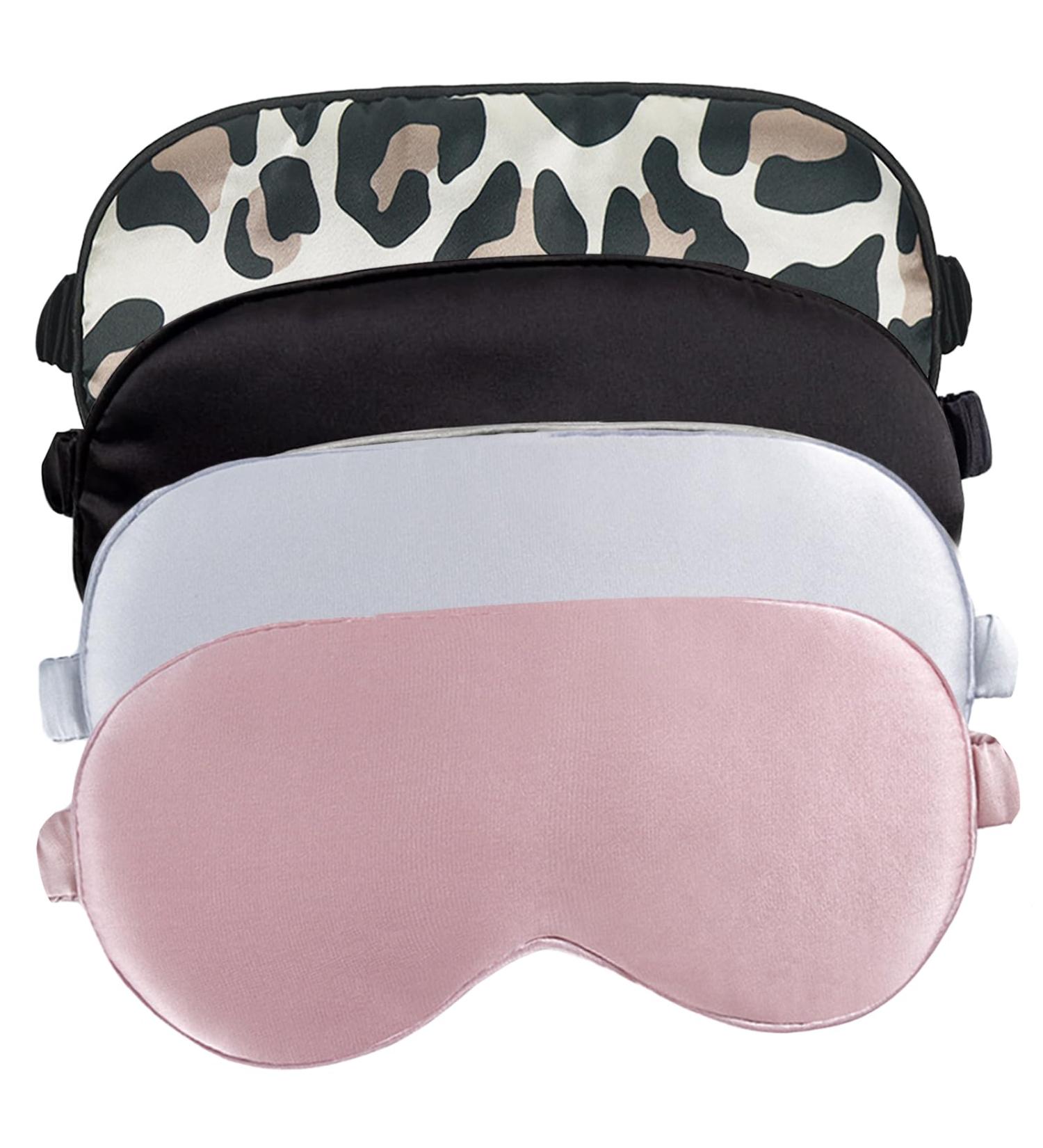 4 Pack Silk Sleep Masks | Soft Satin Eye Covers for Comfortable Sleep | Light Blocking Eye Masks for Travel & Naps | Gifts in Black Silver Pink & Leopard Print - Buy Online on GoSupps.com