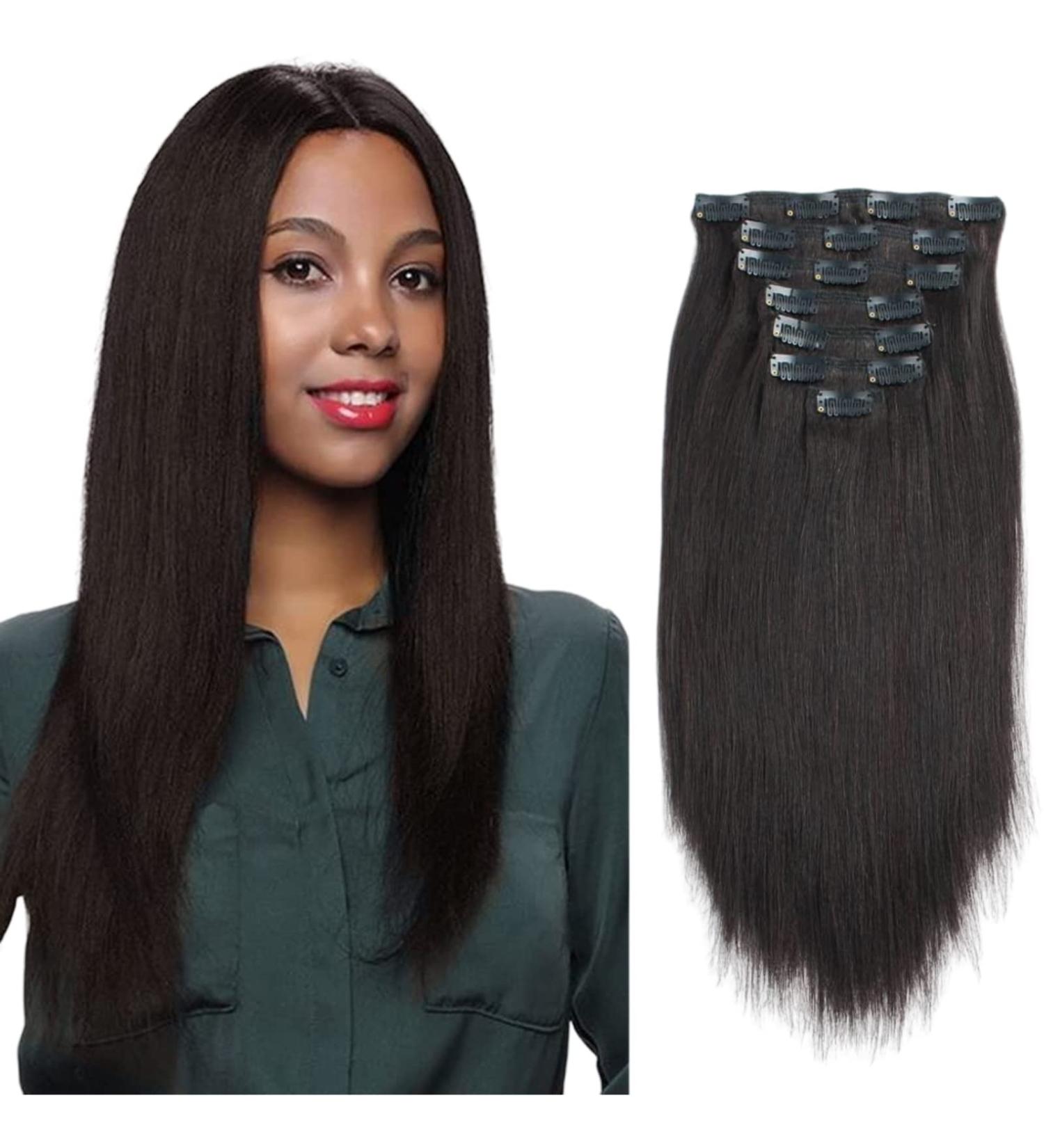 ABH AmazingBeauty Hair Remy Thick Yaki Straight Clip Ins | Black Hair Extensions for African American Relaxed Hair | 12 Natural Color | 7 Pieces, 120g Set - Buy Online on GoSupps.com