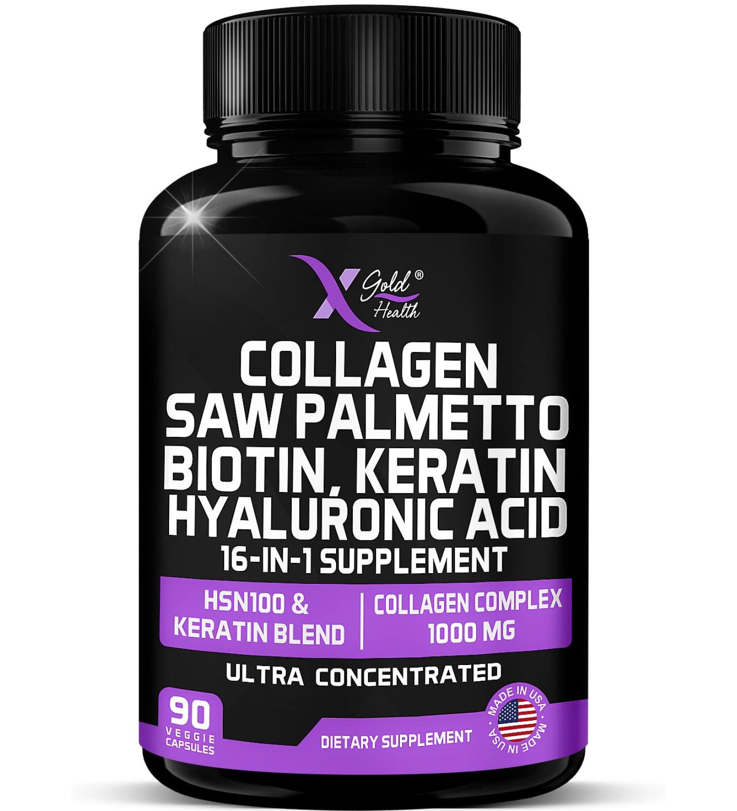 16-in-1 Beauty Supplement with Collagen, Saw Palmetto, Biotin, Keratin & Hyaluronic Acid - Hair Skin & Nail Growth - 90 Capsules - Buy Online on GoSupps.com