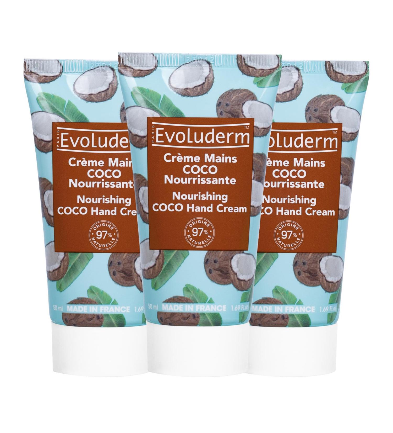 EVOLUDERM Coconut Hand Cream – 50 ml – 97% Natural Origin – Vegan – Made in France – Pack of 3 x 50 ml