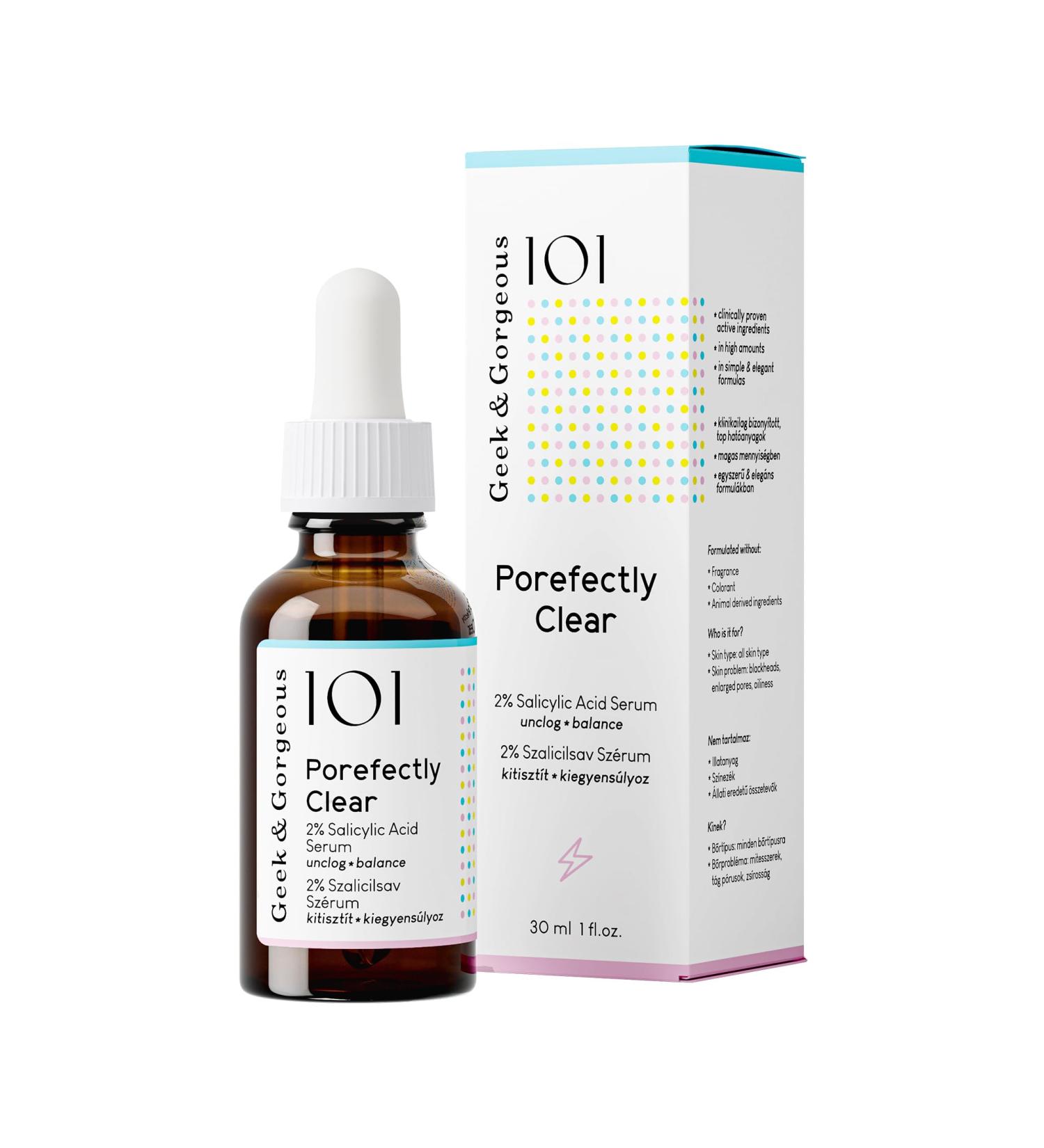 Geek & Gorgeous 101 - Porefectly Clear light gel exfoliant with 2% salicylic acid & Sarcosine unclogs pores & improves blackheads & oiliness - combination & oily skin 30ml - Buy Online on GoSupps.com