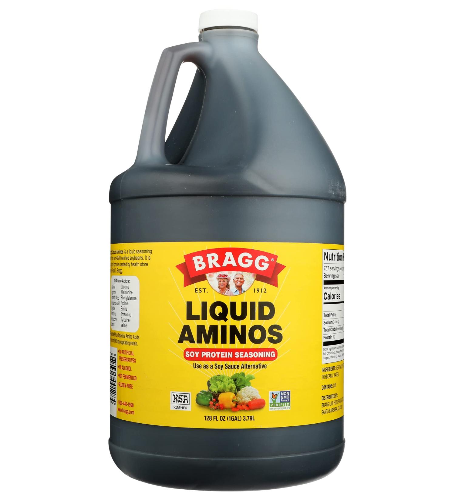 Bragg Liquid Aminos All Purpose Seasoning 128 Fl Oz - Gluten Free & GMO-Free Soy Sauce Alternative - Kosher Certified | 1 Gallon Bottle - Buy Online on GoSupps.com