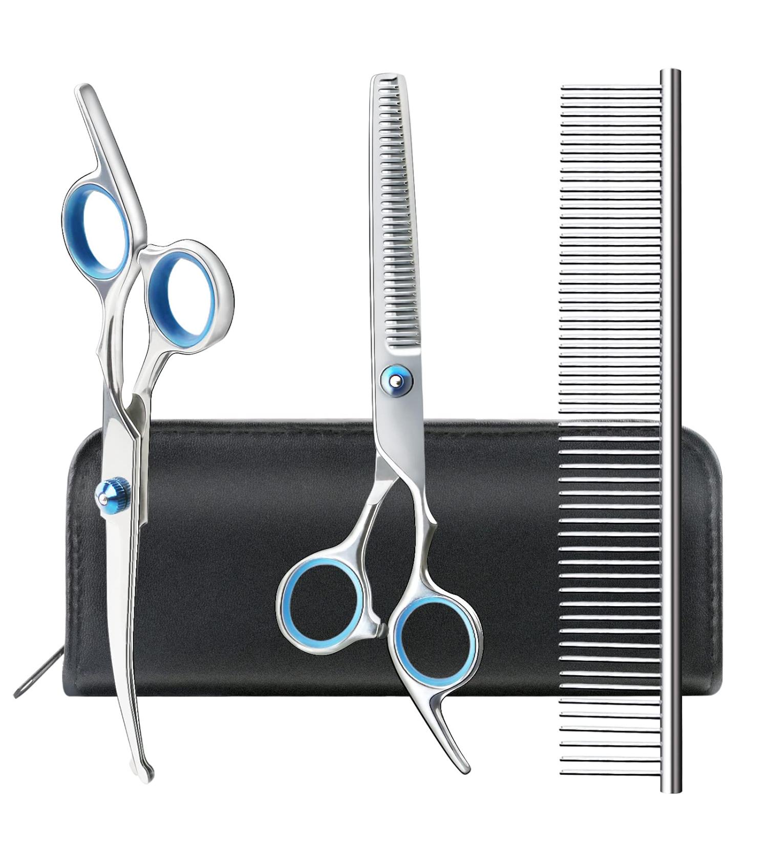 Soslina 7" Dog Grooming Scissors Kit with Safety Round Tips Heavy Duty Titanium Stainless Steel Professional Dogs Cats Pets Grooming Shears Set Thinning Shears Curved Scissors Comb - Buy Online on GoSupps.com