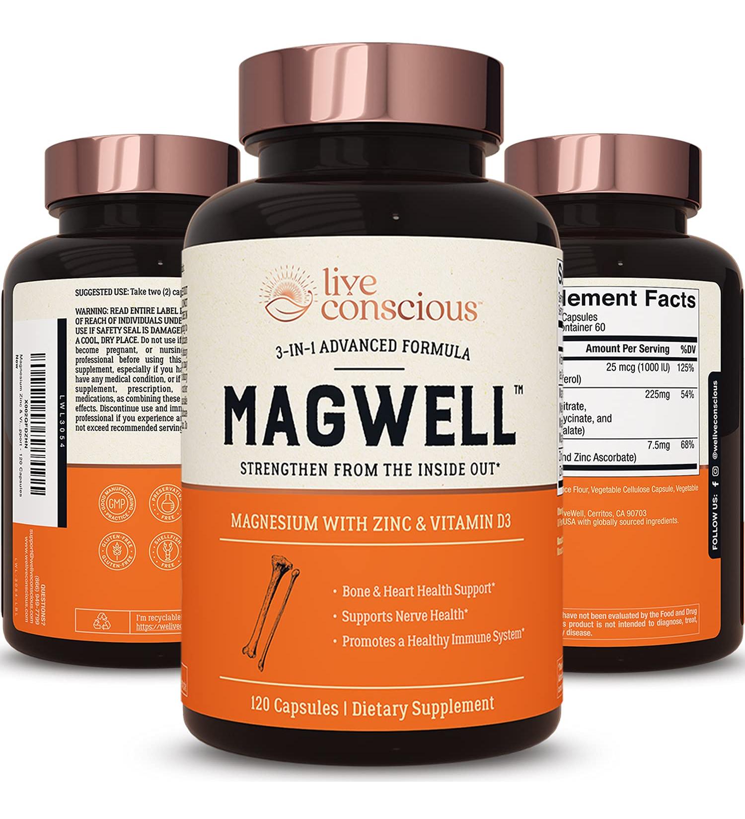 MagWell by LiveWell | Magnesium Zinc & Vitamin D3 Supplement 120 Capsules | Bone, Heart & Immune Support - Buy Online on GoSupps.com