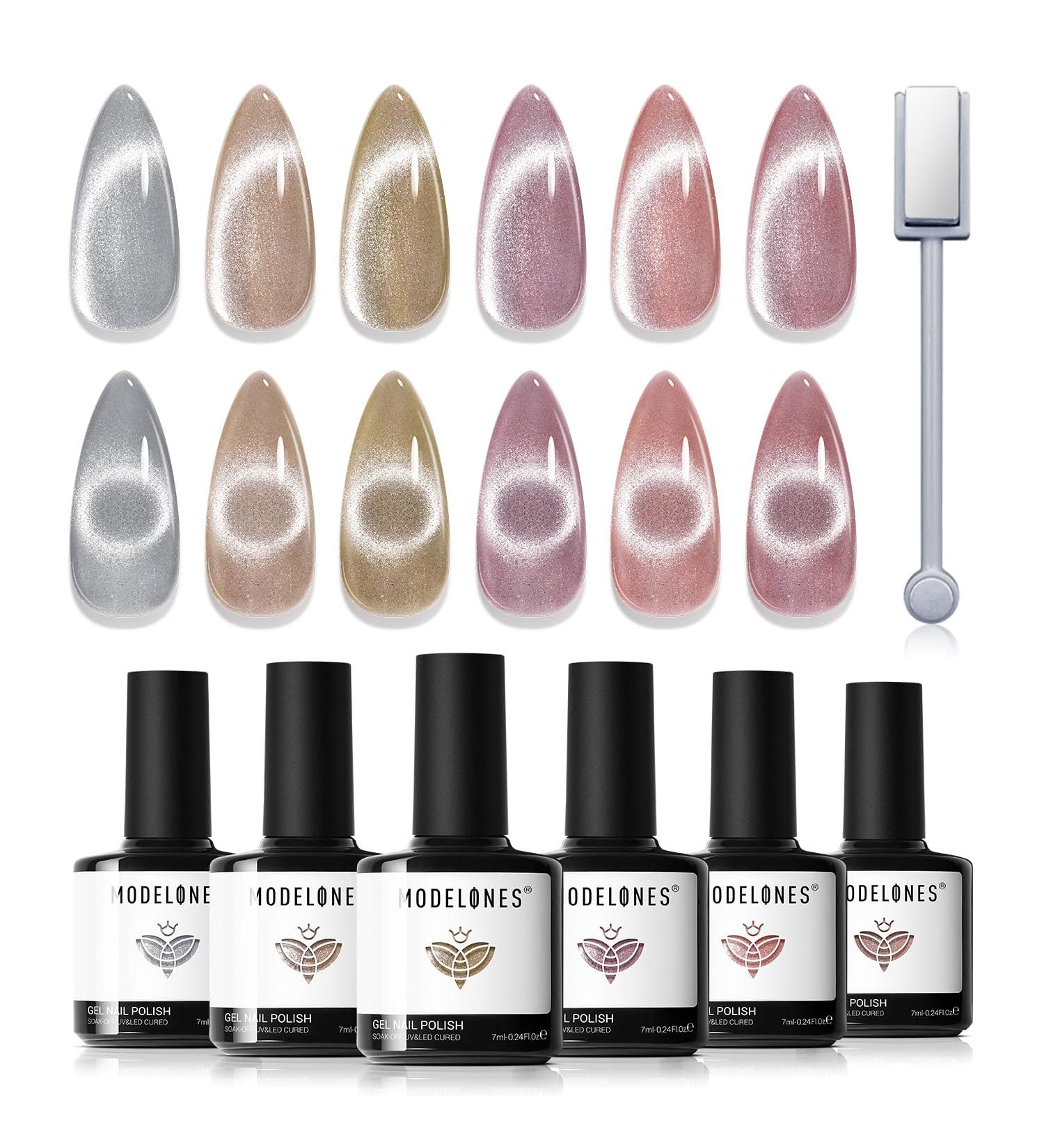 Modelones Cat Eye Gel Nail Polish Set 6 Colors Holographic Nude Gray Brown Gel Polish Glitter 9D Magnetic Gel Polish Pink Gel Polish with Magnet Nail Art DIY Salon For Women - Buy Online on GoSupps.com