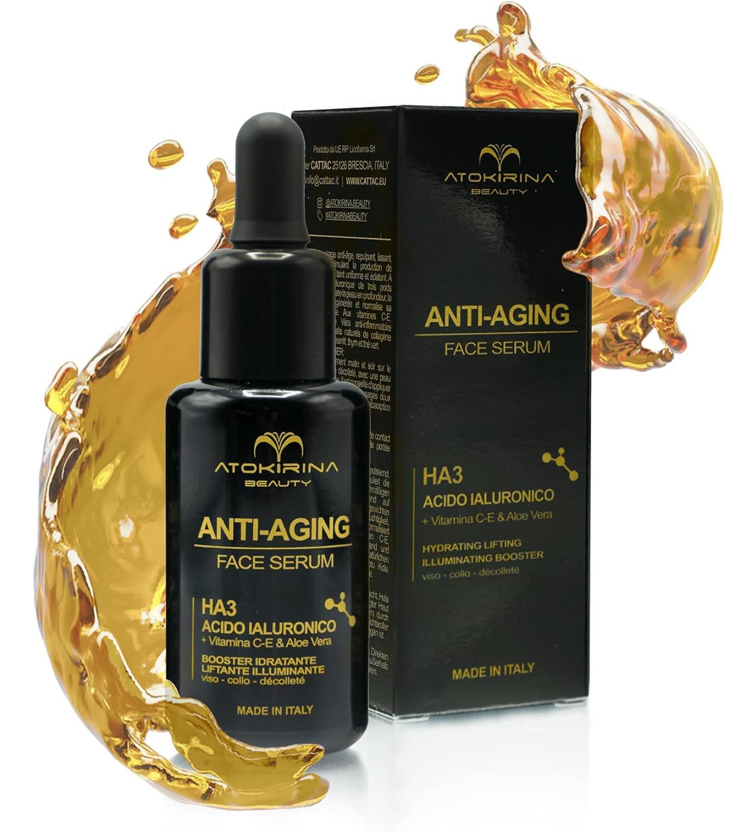 ATOKIRINA Anti-Aging Anti-Wrinkle Face Serum Pure Hyaluronic Acid 3P Vitamin C/E 99% Natural Organic/Vegan Lifting and Plumping Action Face Neck Eye Contour and D collet Care - Made in Italy - Buy Online on GoSupps.com