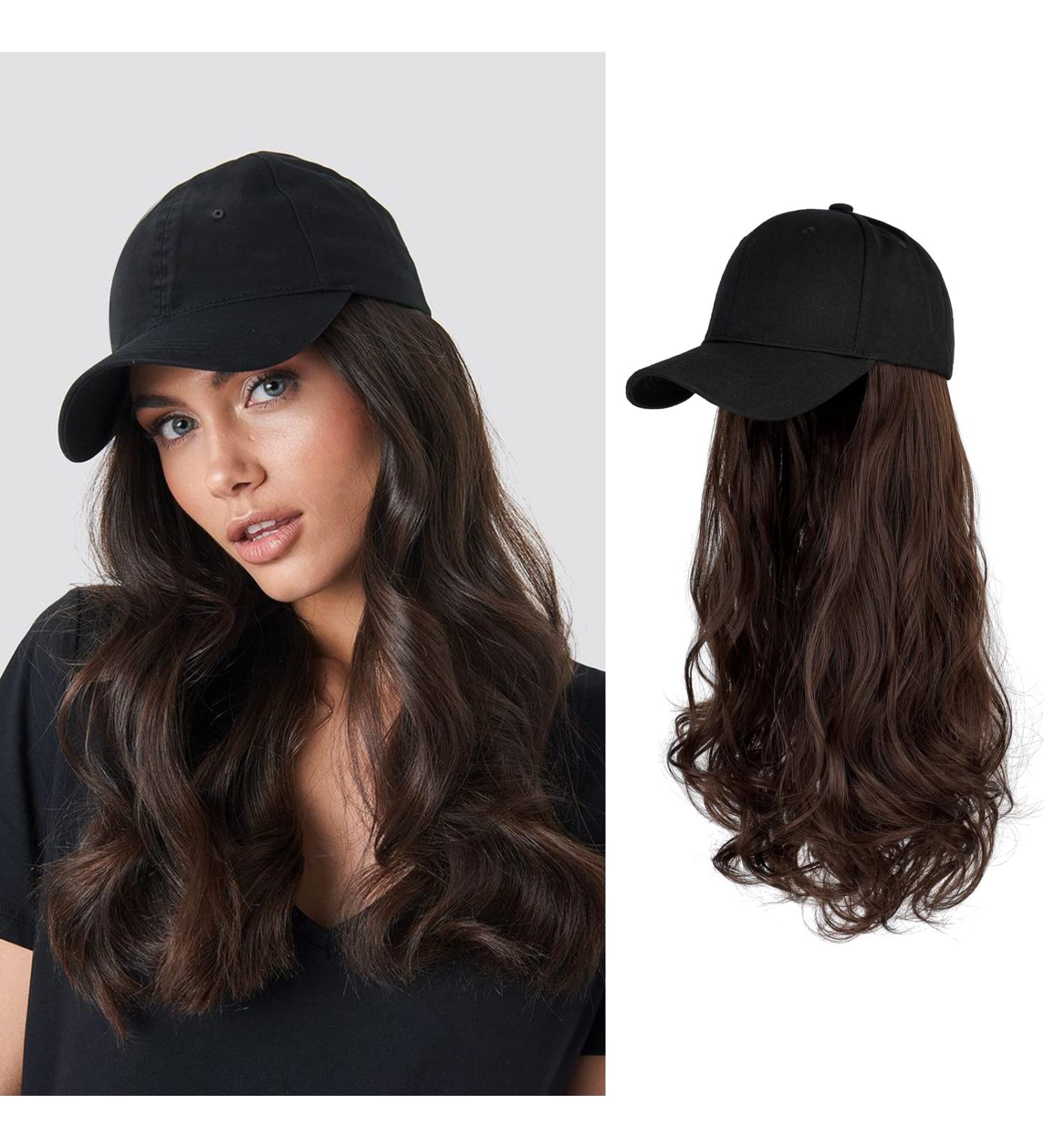AynnQueen Baseball Cap with Detachable Hair Extensions - Medium Brown 21 Long Wavy Synthetic Hair - Adjustable Hat Wig Attached - Black Baseball Cap - Women's Fashion Accessory - Buy Online on GoSupps.com