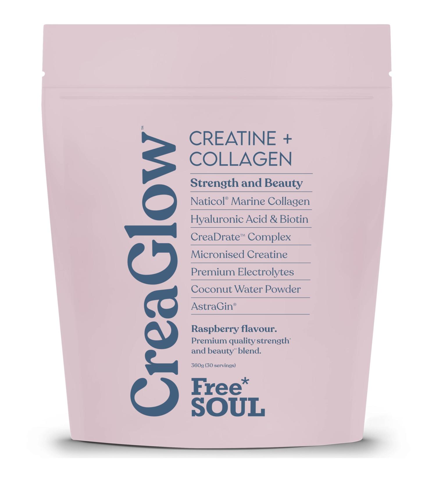 CreaGlow Naticol Marine Collagen + Creatine Monohydrate + Electrolytes Powder | Glow & Strength All in 1 with Magnesium Vitamin C Biotin & Hyaluronic Acid | Raspberry Flavoured | Free Soul - Buy Online on GoSupps.com