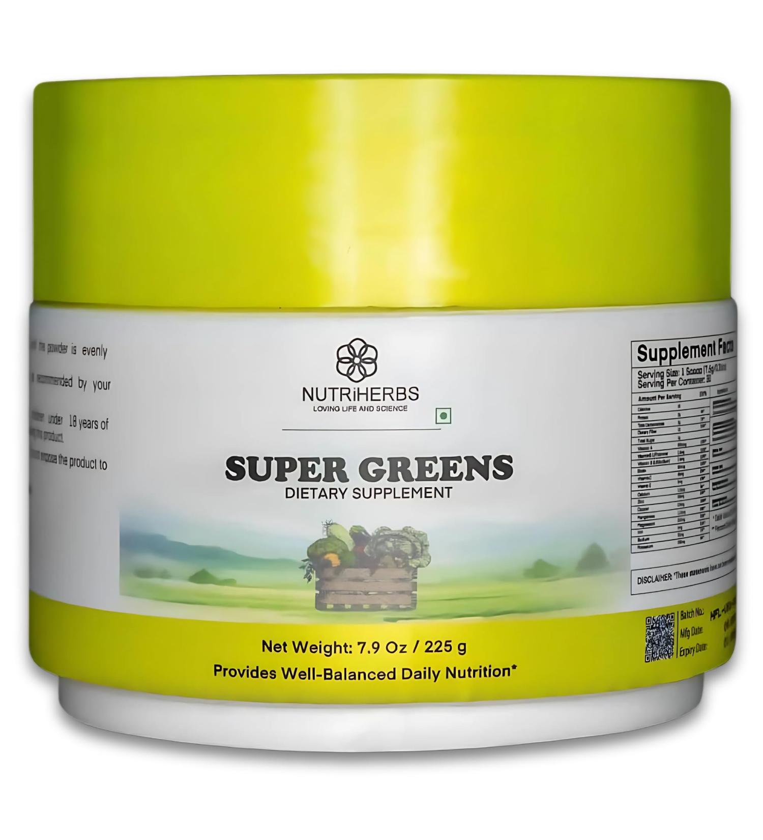 Nutriherbs Super Greens Powder - 225g | 33 Nutrient-Rich Fruits Vegetables & Probiotics for Enhanced Energy Immunity & Digestion | Powerful Green Superfood Powder | 30 Delicious Servings - Buy Online on GoSupps.com
