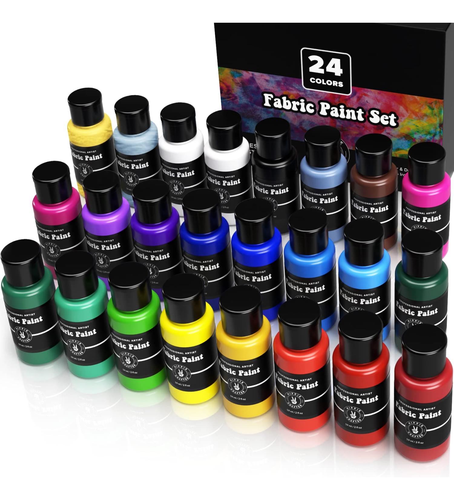 Fabric Paint Set - 24 Colors Bulk Kit for Clothes, Upholstery, Outdoor Cushions, Shoes - Acrylic Fabric Paint in Metallic Gold, White, Red, Yellow, Orange, Pink - Buy Online on GoSupps.com
