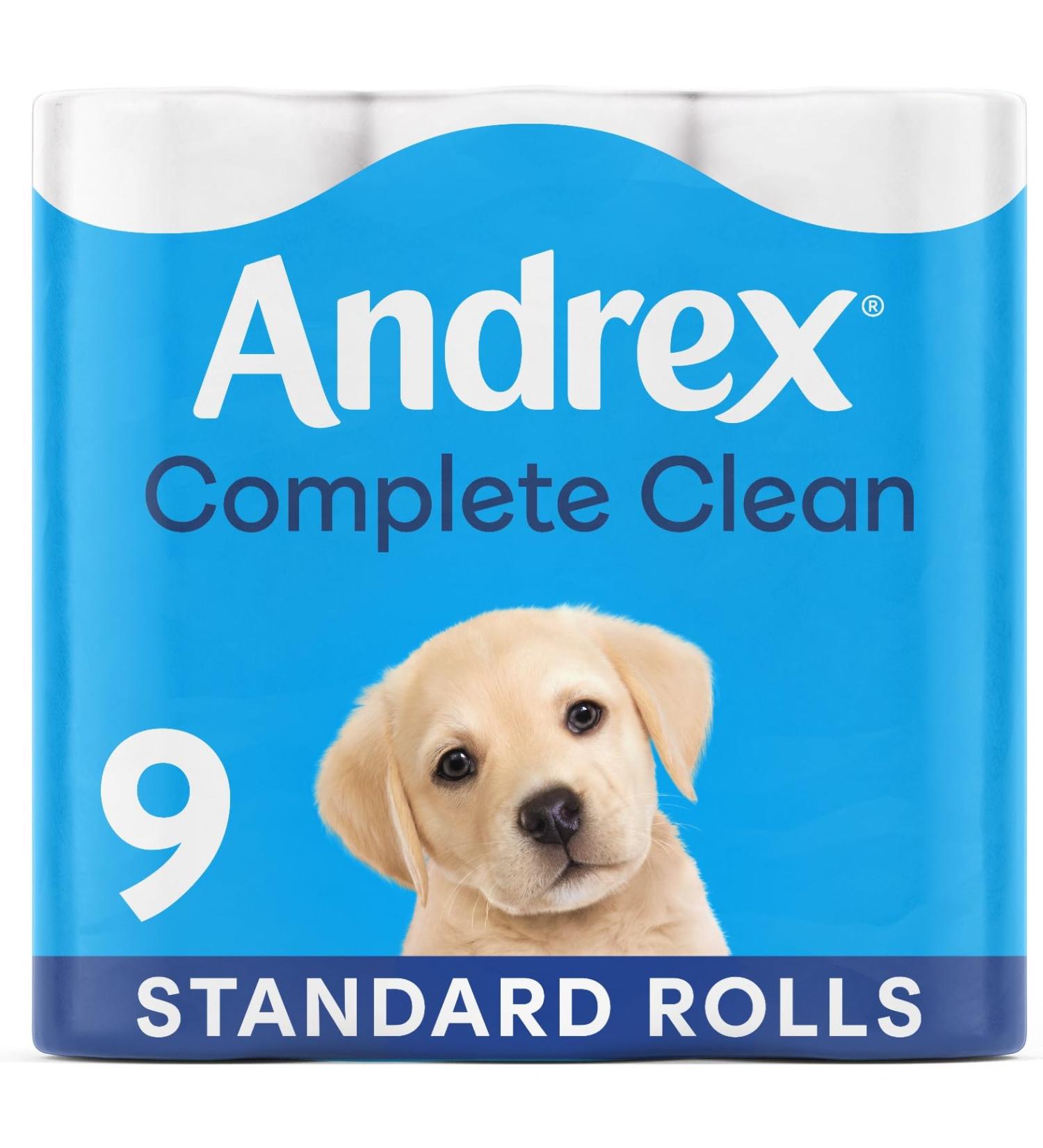 Andrex Complete Clean Toilet Tissue Standard Rolls Unique 3D Wave Texture for a Proven Effective Clean Loo Rolls 9 Toilet Rolls - Buy Online on GoSupps.com