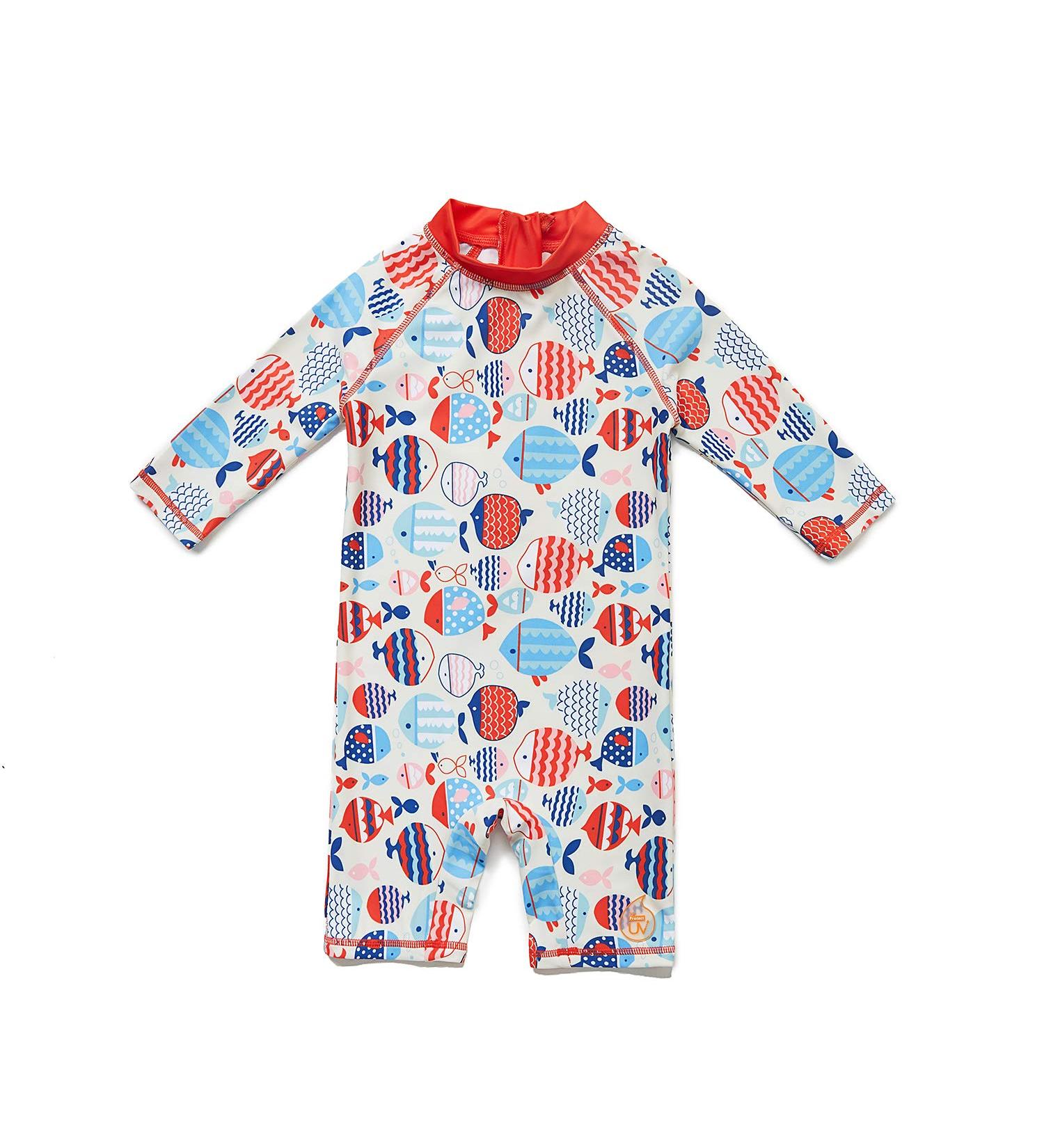 BONVERANO Baby Girls Swimsuit UPF 50+ Long-Sleeve Zipper One Piece (3-6 Months, Red/Fish) - Buy Online on GoSupps.com
