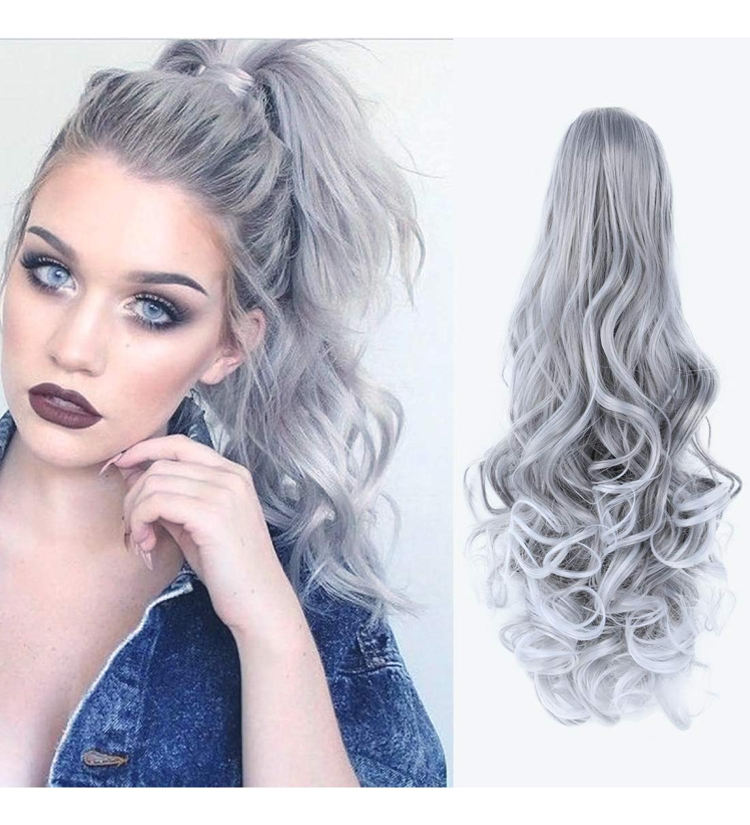 Grey Long Curly Wavy Claw Clip Ponytail Extension - Natural Looking Hair Extensions for Women - Perfect for Costume Parties and Daily Fashion - Buy Online on GoSupps.com