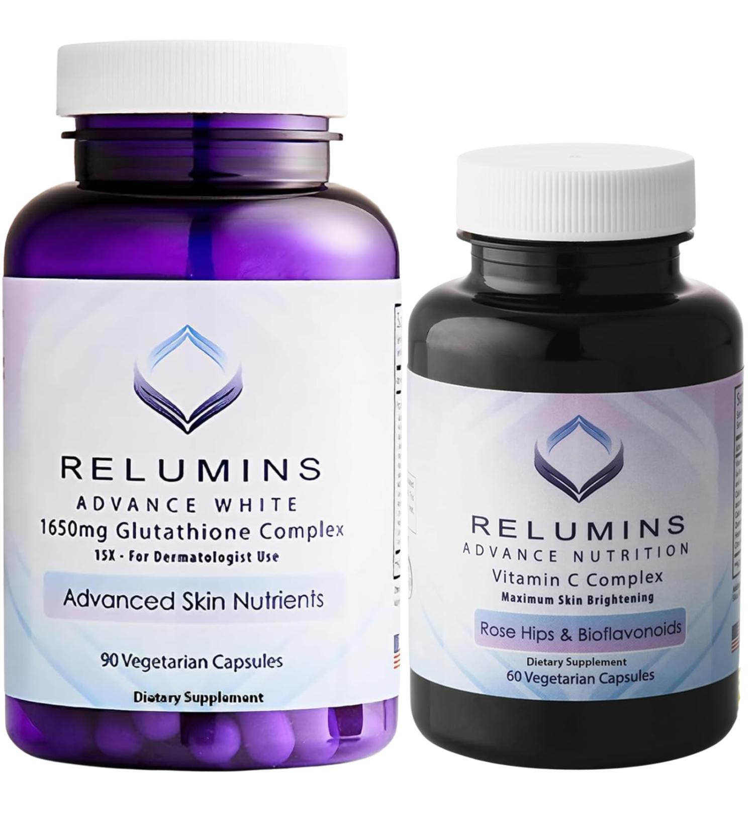 Relumins Advanced White Set - 1650mg Glutathione Complex (90 Capsules) and Advanced Vitamin C with Rose HIPS and Bioflavonoids (60 Capsules) Bundle 1 Month Supply - Buy Online on GoSupps.com