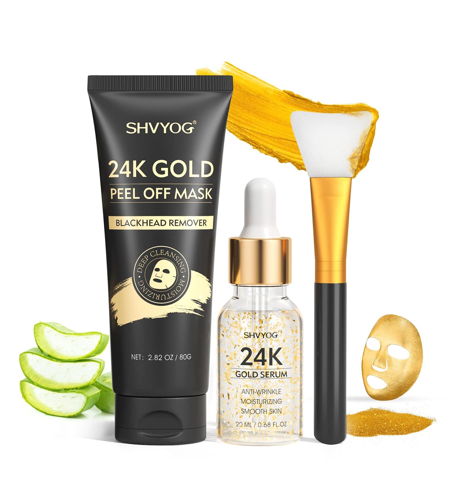 3-in-1 Blackhead Remover Mask with 24K Gold Serum - Deep Cleansing Peel Mask for Blackheads, Whiteheads, Acne & Oil - Includes Silicon Brush - 80g+20ml - Buy Online on GoSupps.com