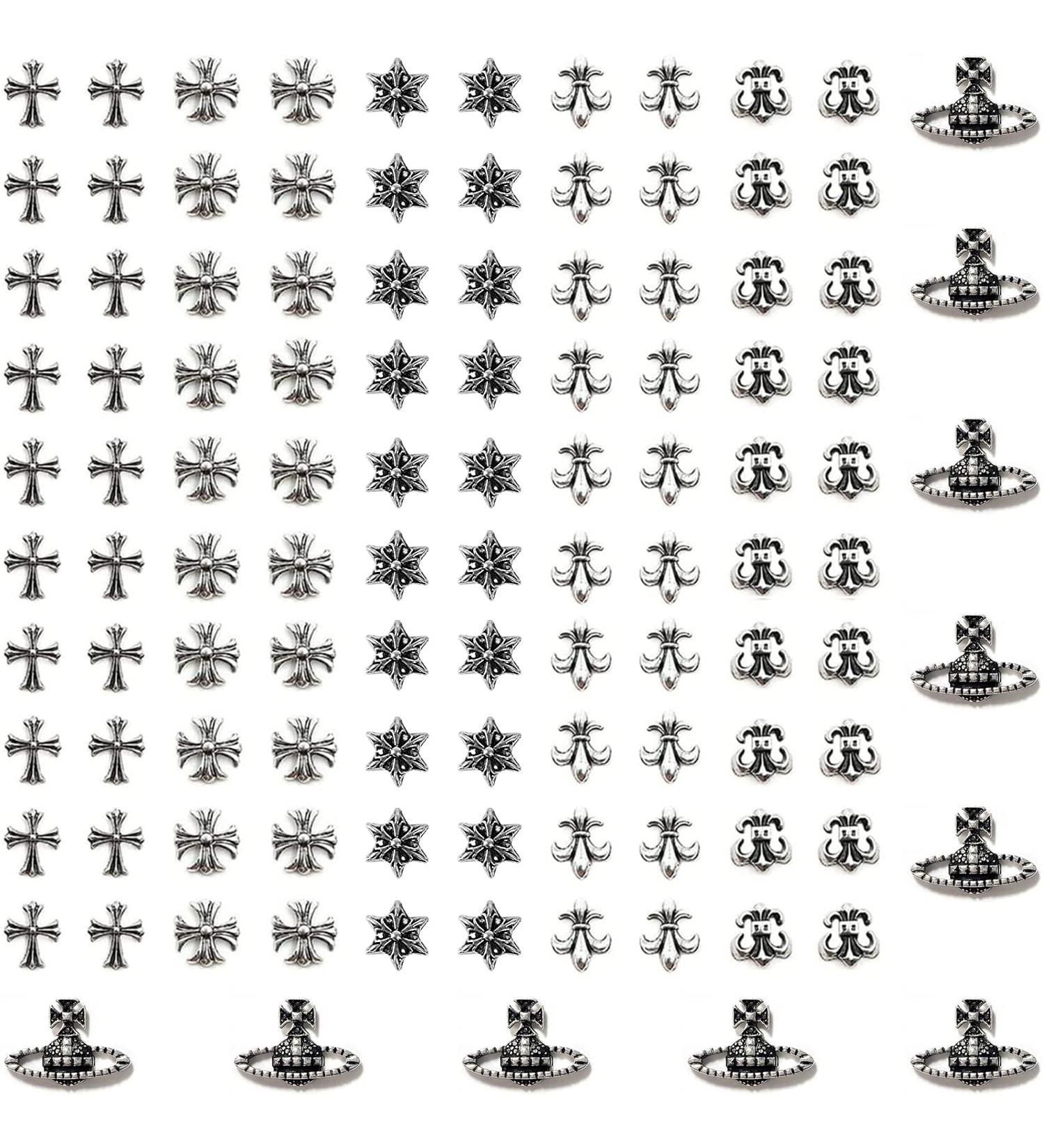 110Pcs Cross Nail Charm 3D Nail Charms for Acrylic Nails - Retro Silver Vintage Metal Nail Rhinestones Planet Gems - DIY Nail Decorations - Buy Online on GoSupps.com