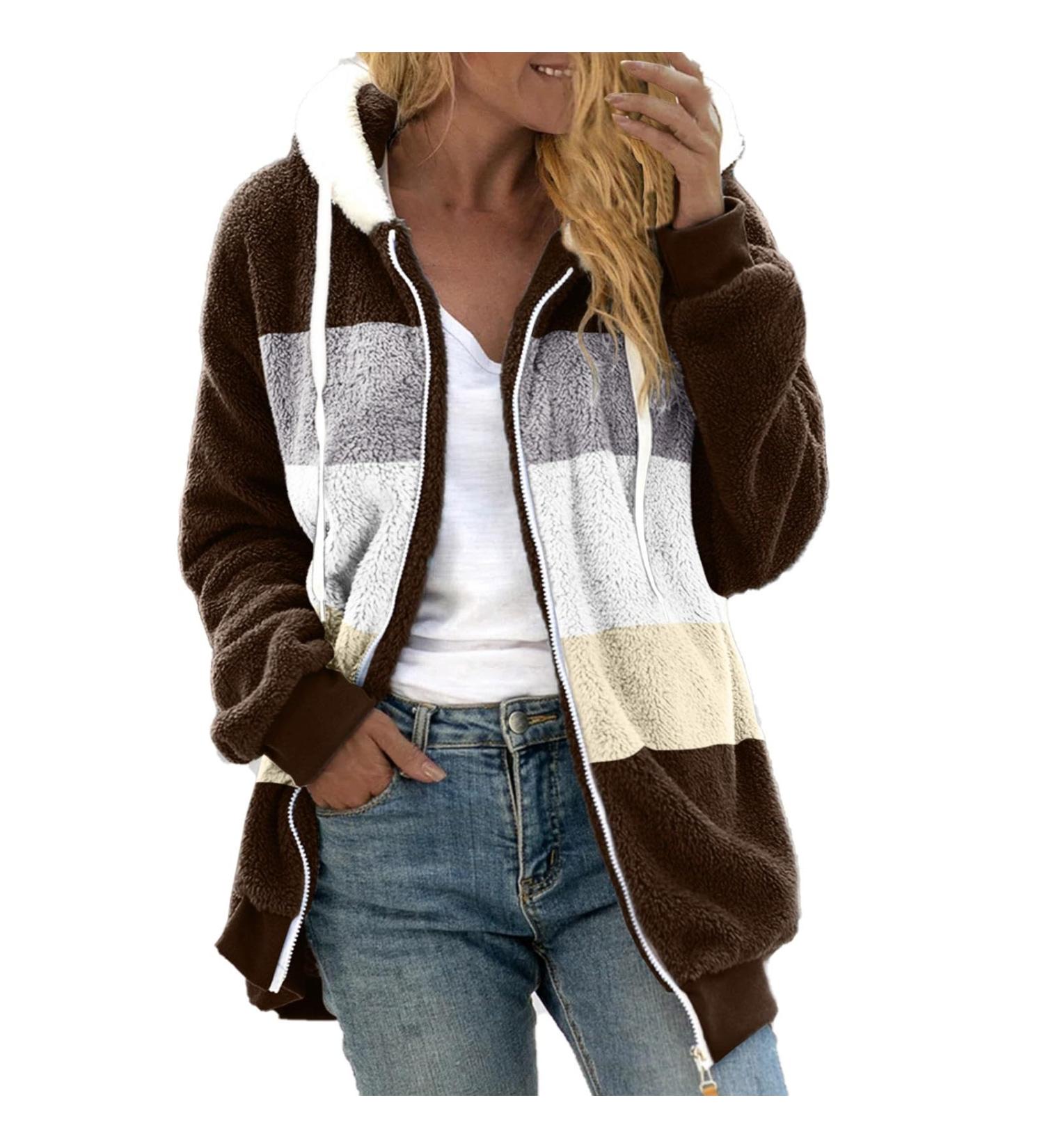 Shop Hanxiulin Women's Fleece Plush Jacket - Warm Fluffy Zipper Hoodie for Outdoor Comfort - Brown - Buy Online on GoSupps.com