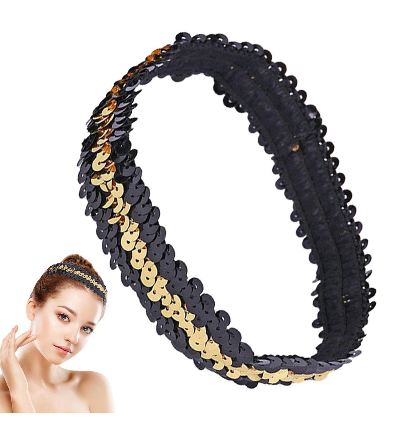 Hairband Elastic Stretch | Hair Bands Fashion | Sequin Headband Elastic | Women's Headbands - Stylish for Teens Girls and Women - Hair Accessories for Volleyball Basketball and Sports Teams Black Gold - Buy Online on GoSupps.com