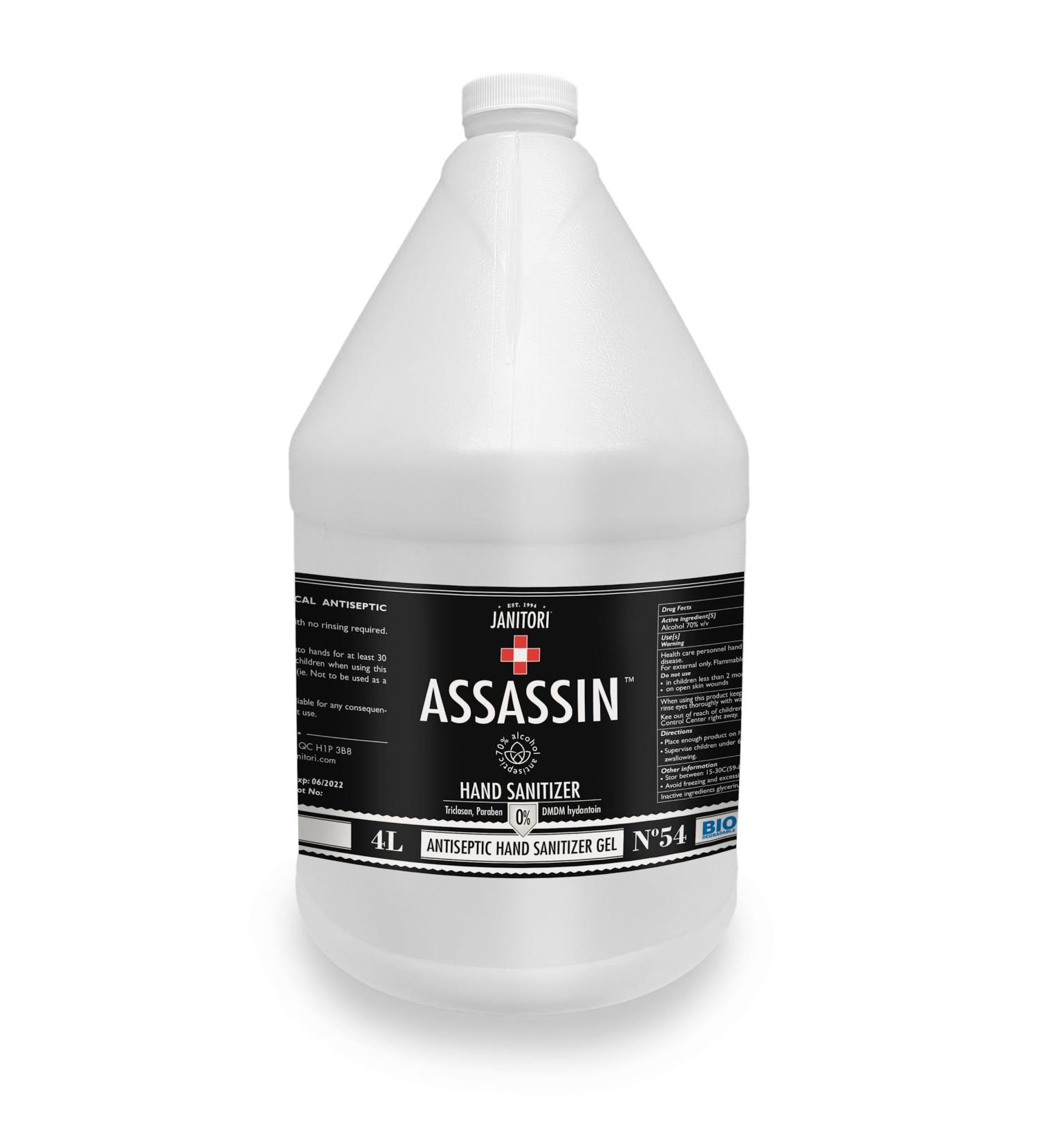Assassin Hand Sanitizer With Pump Included USP Grade 70% Canadian Alcohol Kills Bacteria and Germs Vegan Aloe Vera 4L - 1gallon jug with pump - Buy Online on GoSupps.com