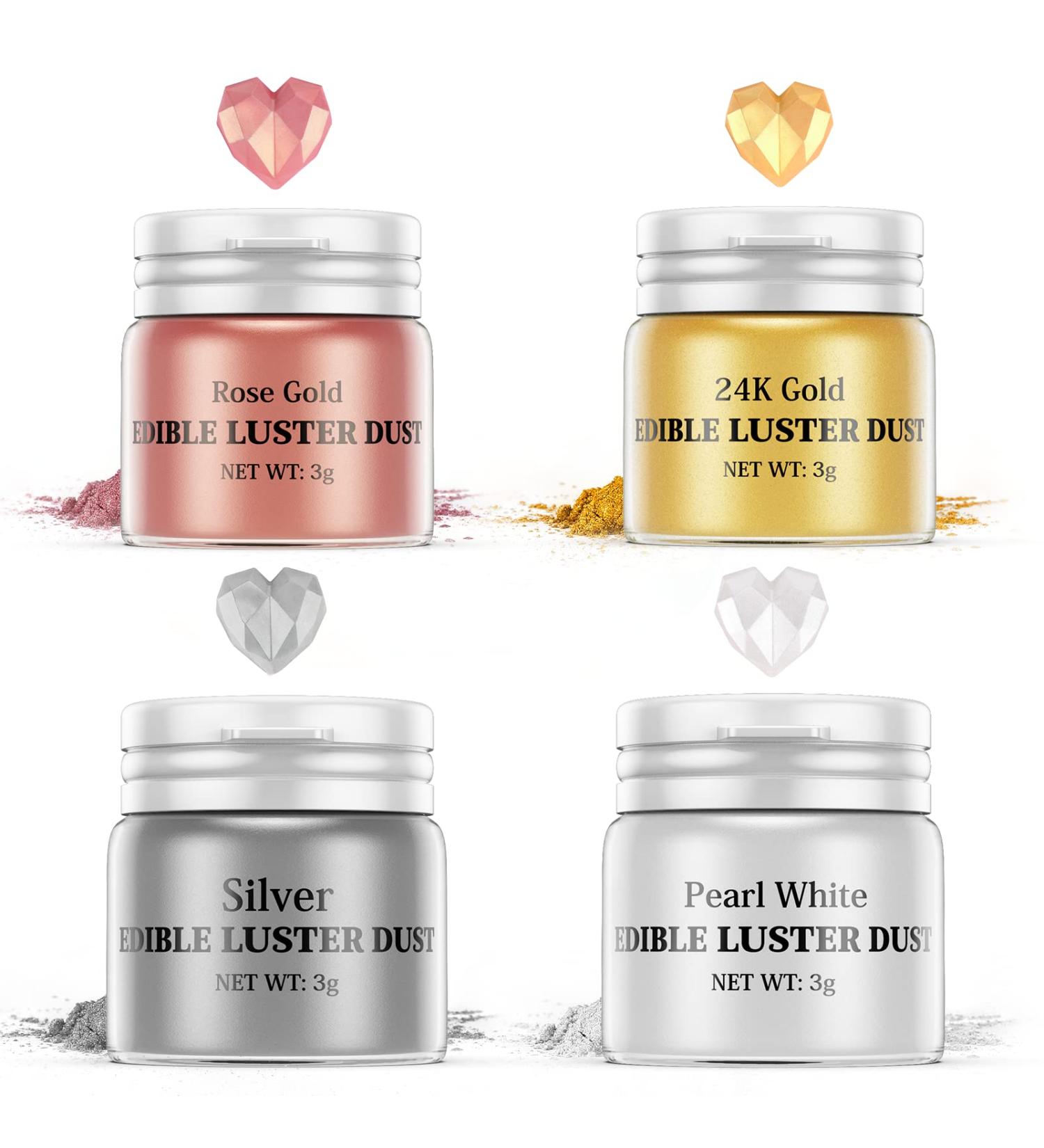 Nomeca Luster Dust Edible Set - 4 Colors Food Grade Shimmer Cake Dust Metallic Food Coloring Powder Glitter for Cake Decorating Baking Fondant Gumpaste Chocolate Candy Drinks Cookie (3g/Bottle) (L) - Buy Online on GoSupps.com
