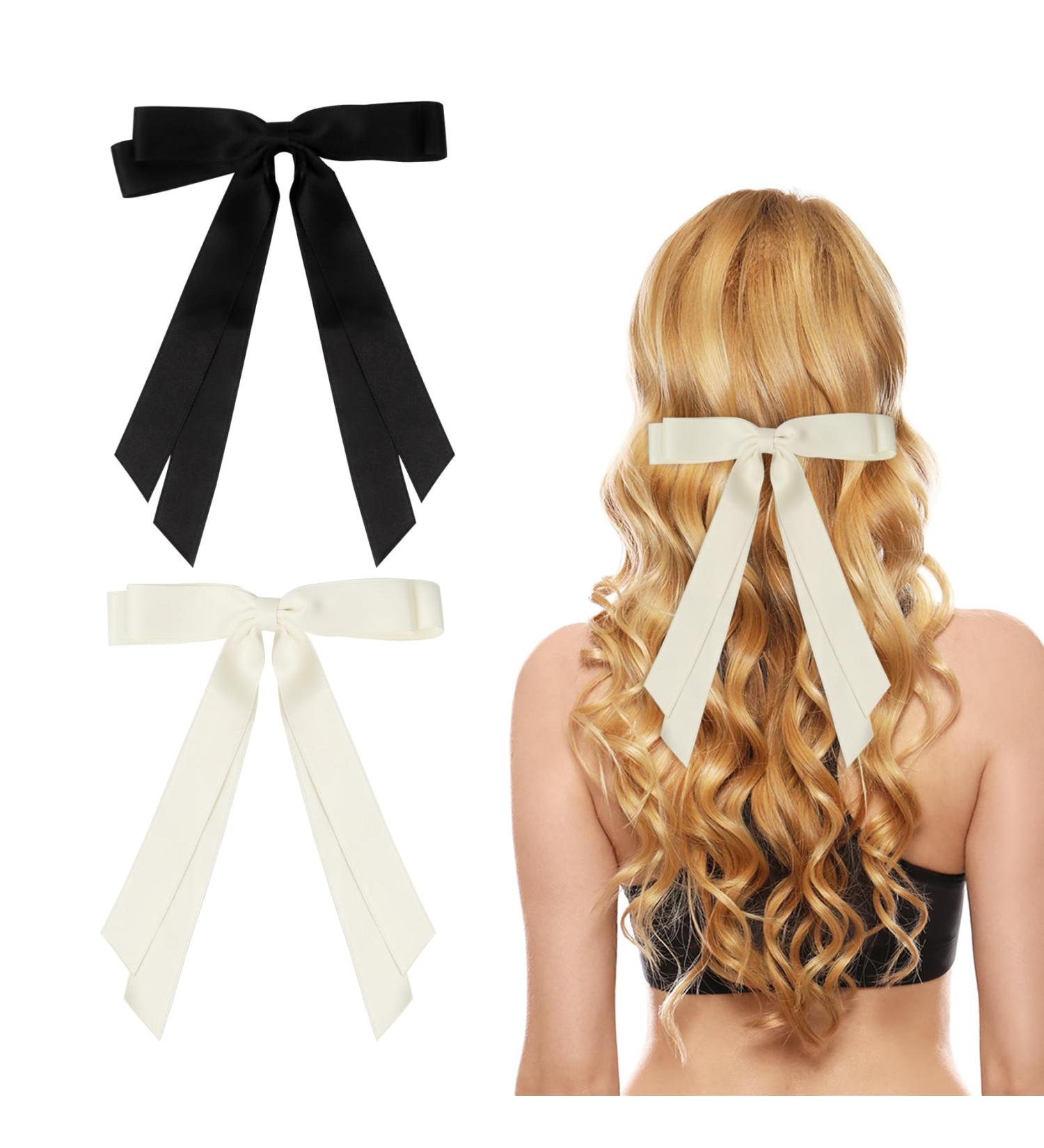 2 Pack Hair Bows for Women Bow Hair Clips French Barrette with Long Silky Satin Hair Ribbons for Women Girls(Black Beige) Beige Black - Buy Online on GoSupps.com
