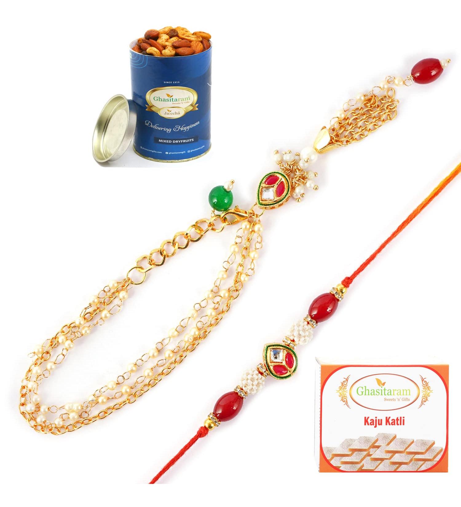 Ghasitaram Gifts Rakhis Online - Rakhi for Brother-MJ-3 Bhaiya Bhabhi Rakhi with 100 GMS of Dryfruits Mix Can 200 GMS of Kaju katli Rakhi Set & 100g Dryfruits Mix Can 200g Kaju katli - Buy Online on GoSupps.com