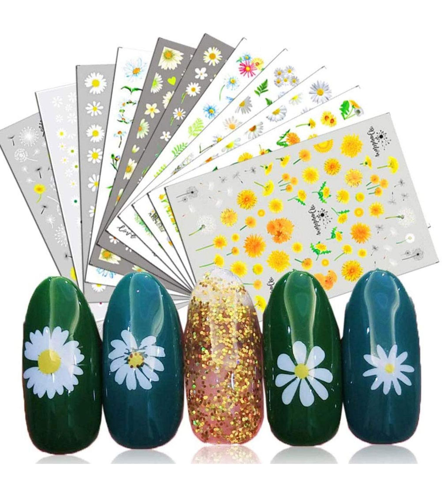 12 Sheet 3D Flower Nail Art Stickers - Self-Adhesive Decals for DIY Nail Design - Sunflower, Small Daisies, Mix Flowers - Decoration Accessories for Girls - Buy Online on GoSupps.com