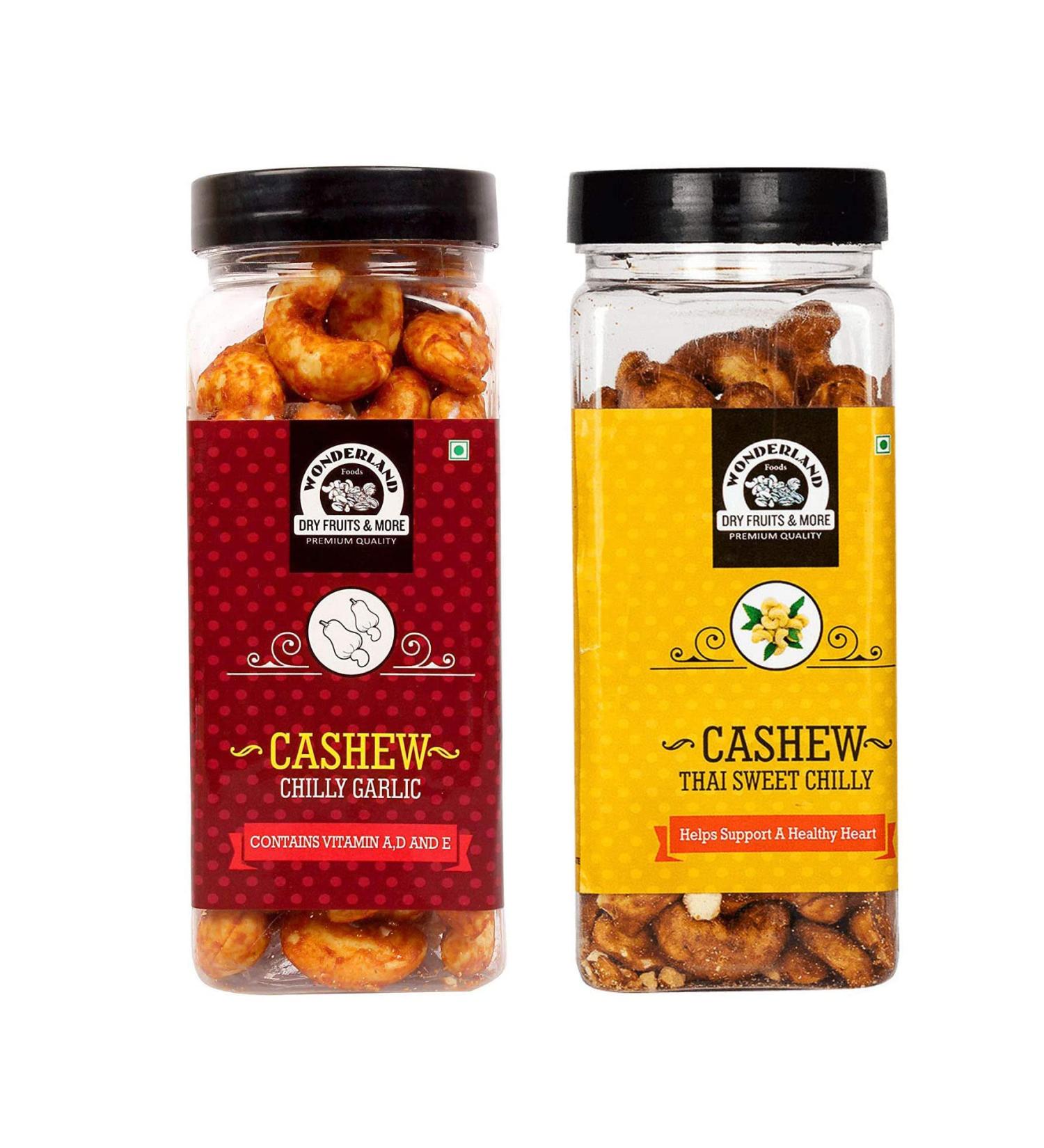 Wonderland Foods - Chilli Garlic and Thai Sweet Chilli Flavoured Cashew (Kaju) 300g (150g X 2) - Buy Online on GoSupps.com
