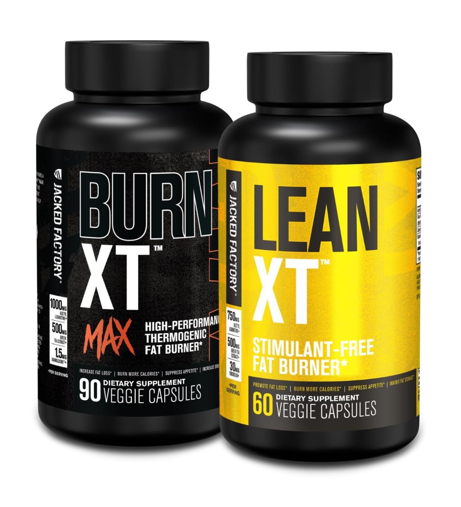 Jacked Factory Fat Burning Stack - Burn XT Max High Performance Fat Burner (90 Capsules) - Lean XT Stimulant-Free Weight Loss Amplifier and Appetite Suppression (60 Capsules) - Buy Online on GoSupps.com