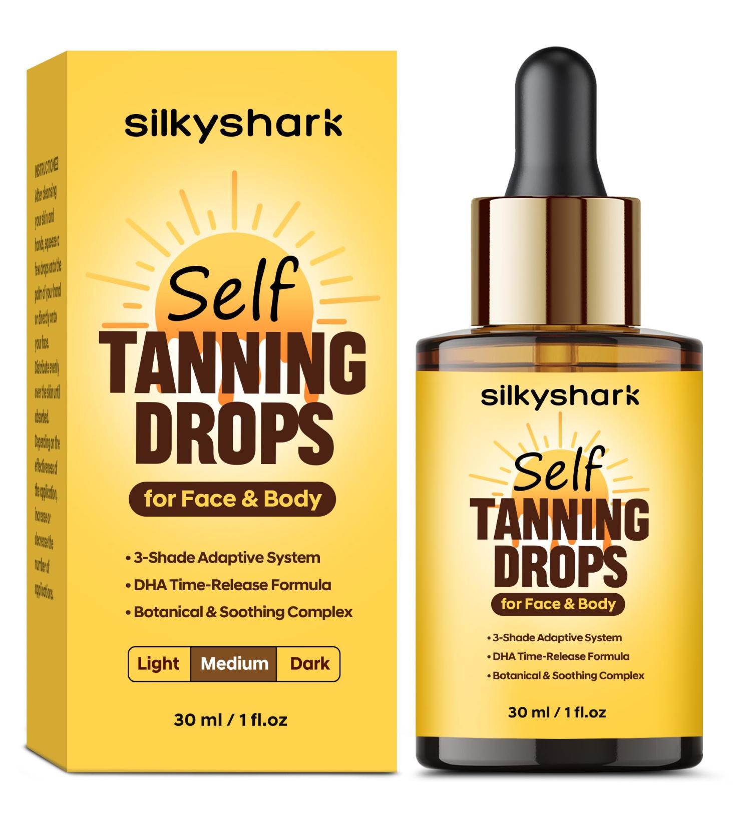 SilkyShark Facial Self Tanning Drops (1 Fl Oz) Tanning Drops for Face & Body Gradual Bronzing Effect Lightweight Tanner for Sensitive Skin Natural Sun-Kissed Glow Medium Shade - Buy Online on GoSupps.com