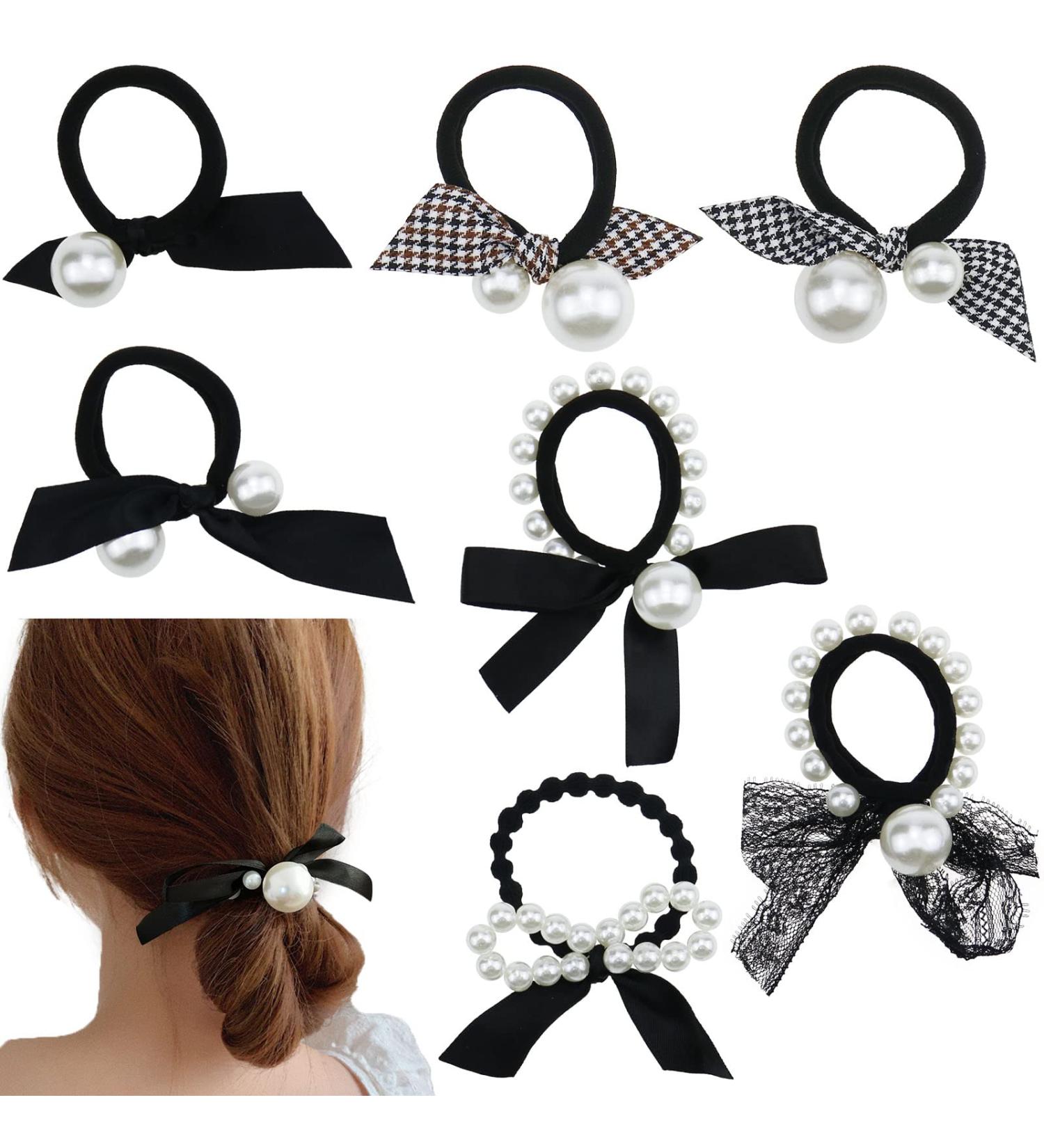 Pearl Black Elastic Hair Ties Set - 7 Pcs Ponytail Holders for Women and Girls - Buy Online on GoSupps.com